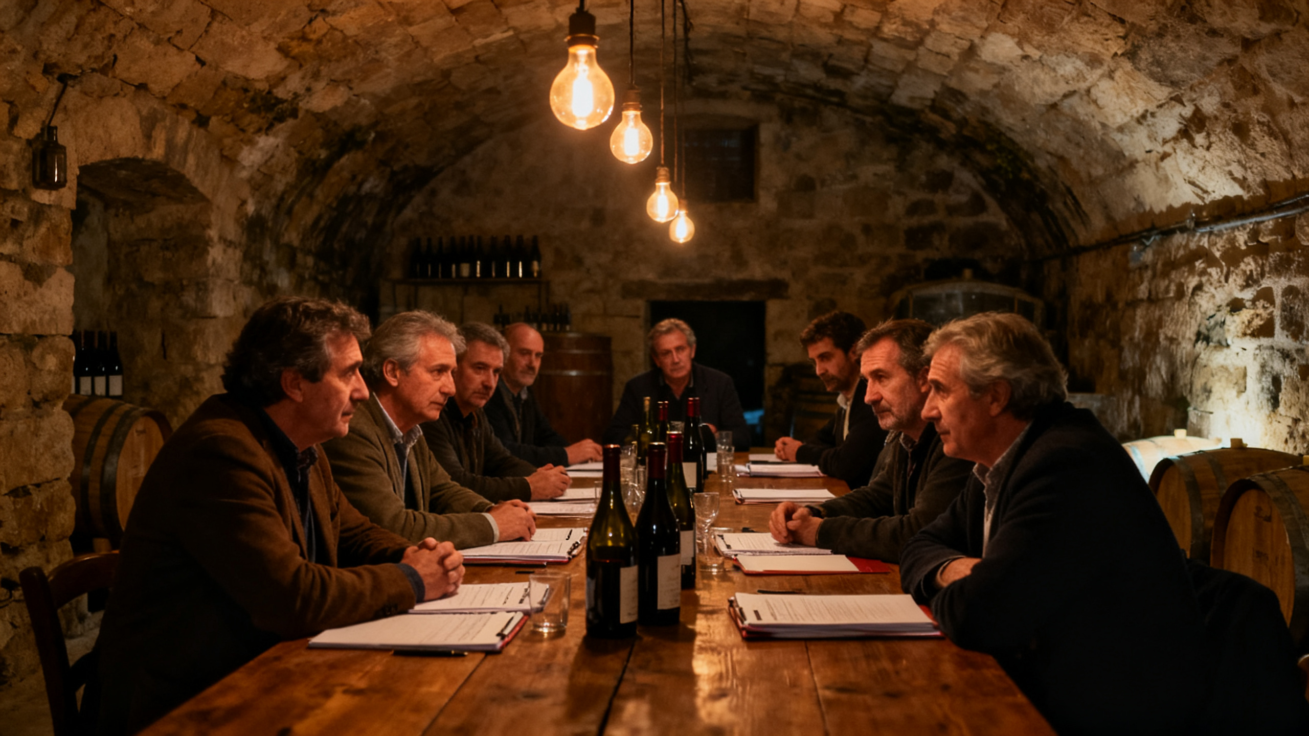 Cave coopérative viticole : réunion de vignerons en cave traditionnelle