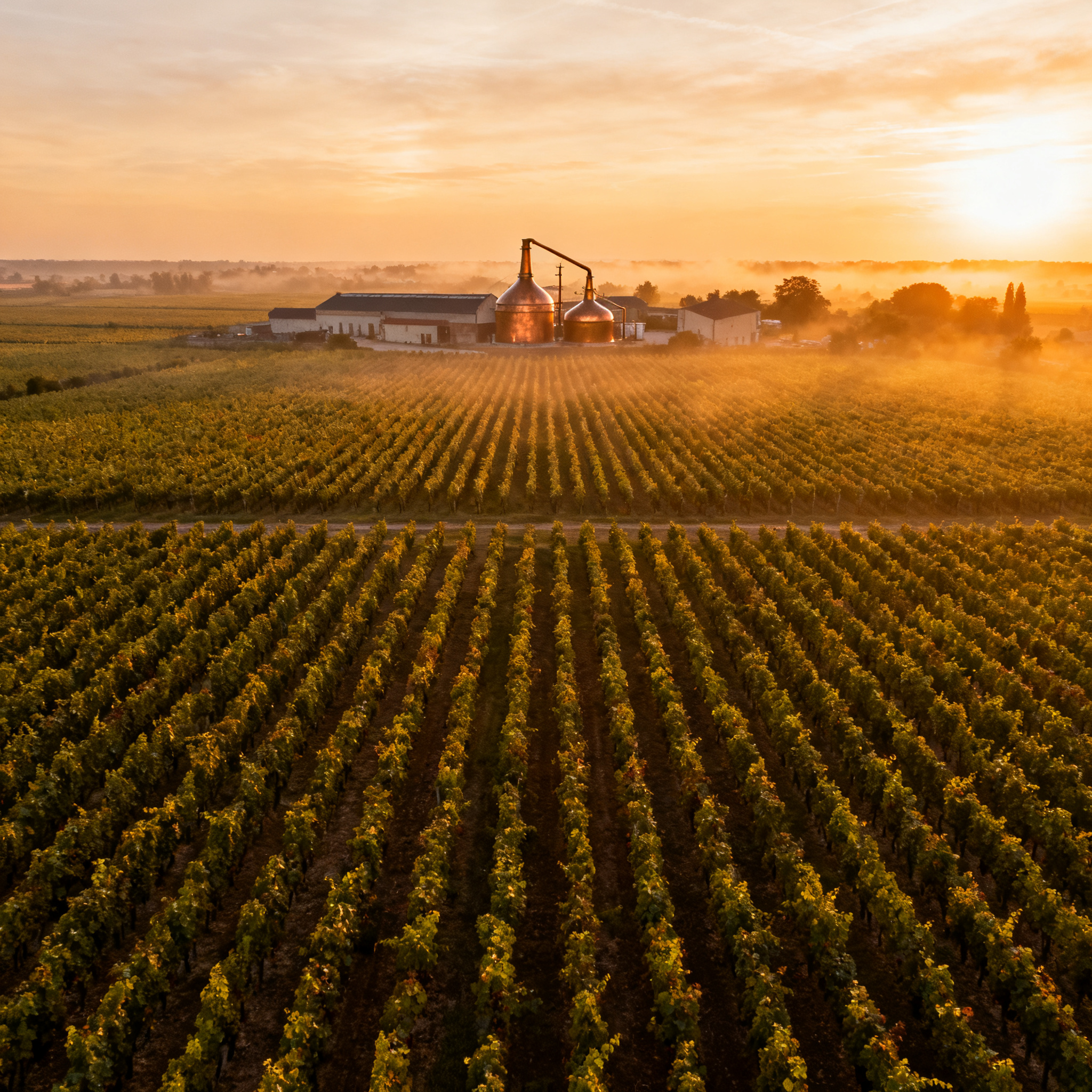Vignobles des Charentes au coucher du soleil — distillerie Cognac en arrière-plan