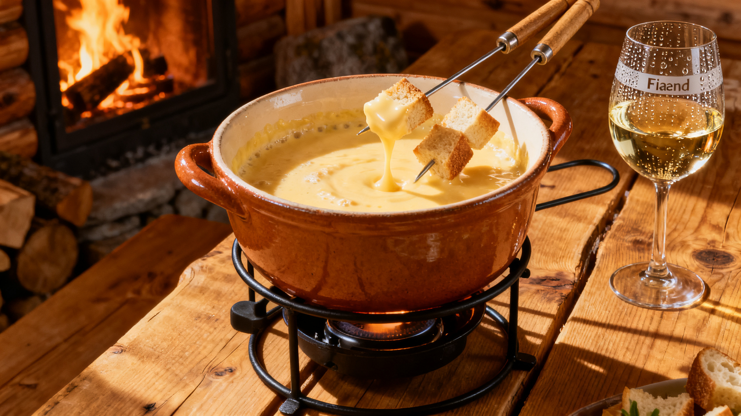 Fondue au fromage avec verre de Fendant du Valais, chalet alpin traditionnel