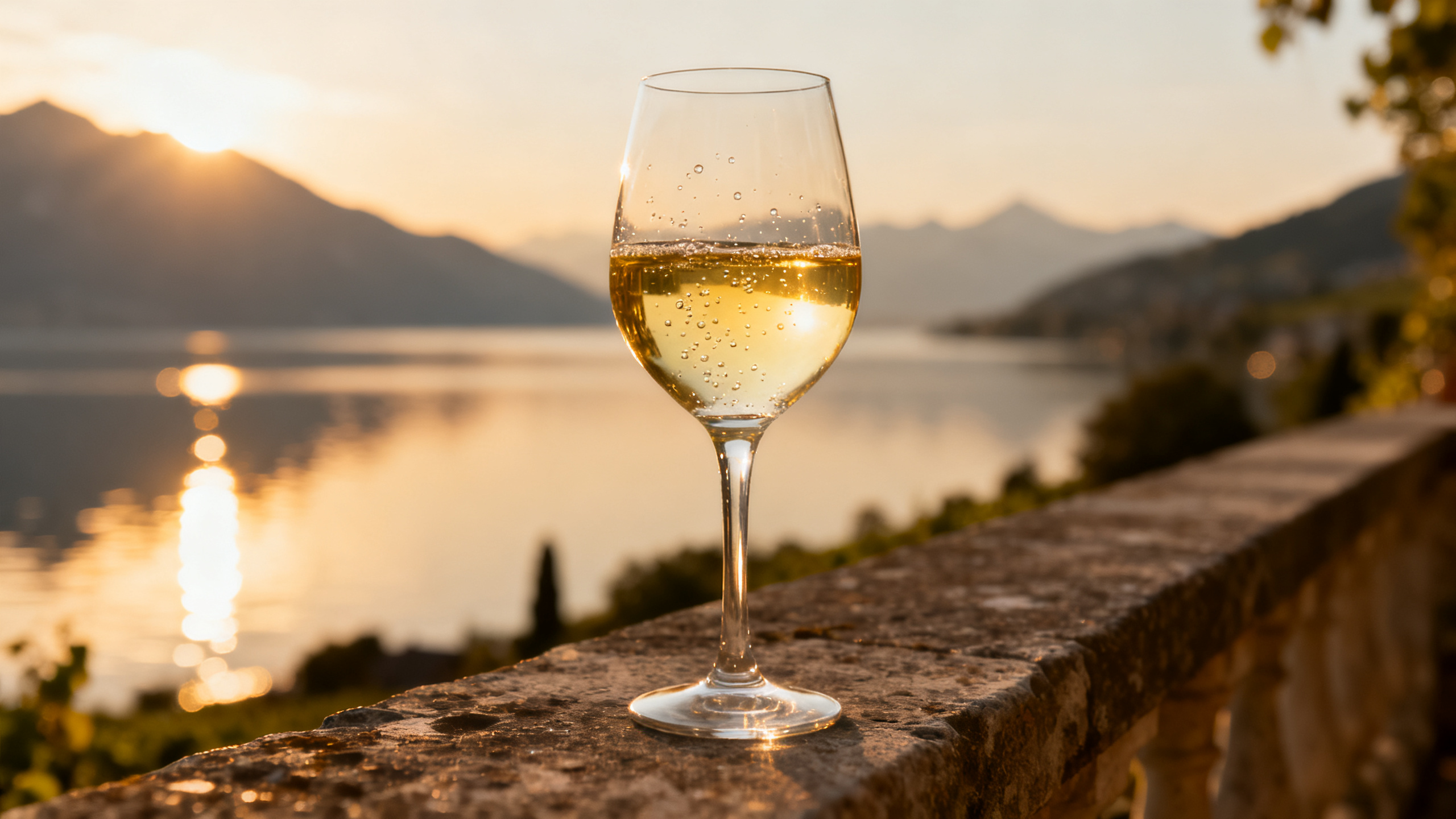 Verre de Chasselas blanc sur les rives du Lac Léman, lumière dorée