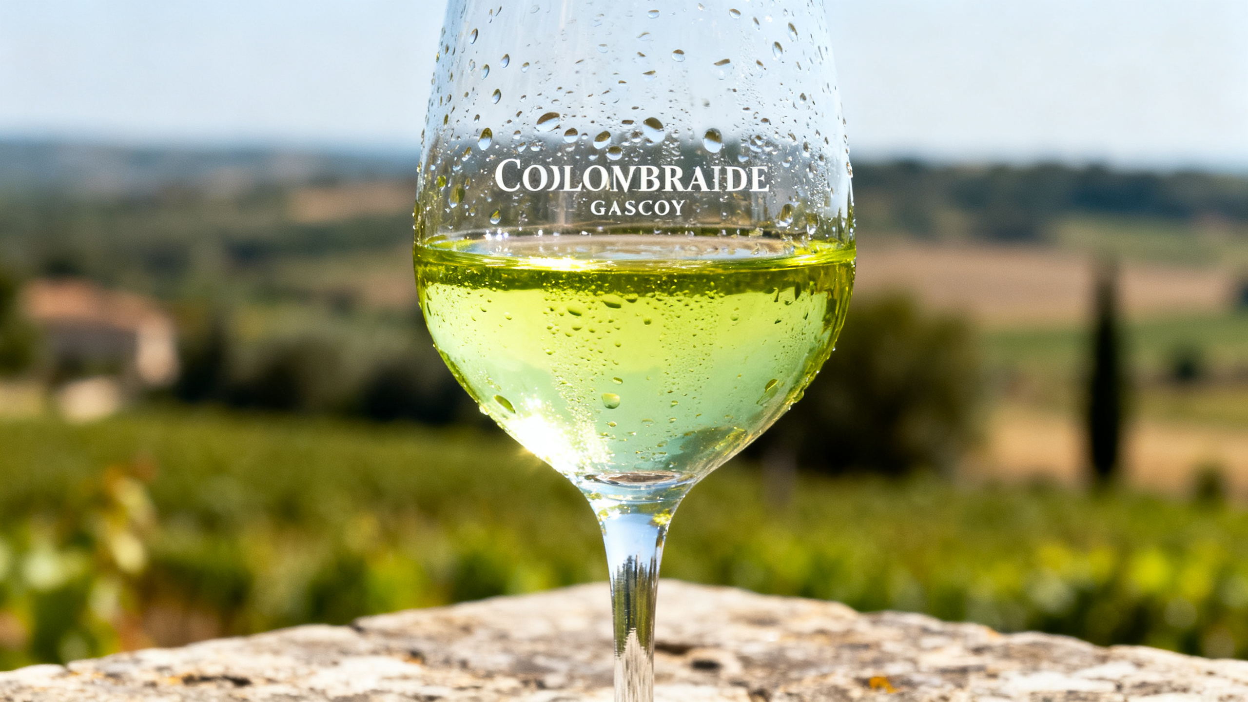 Verre de Colombard IGP Côtes de Gascogne, vin blanc frais et aromatique