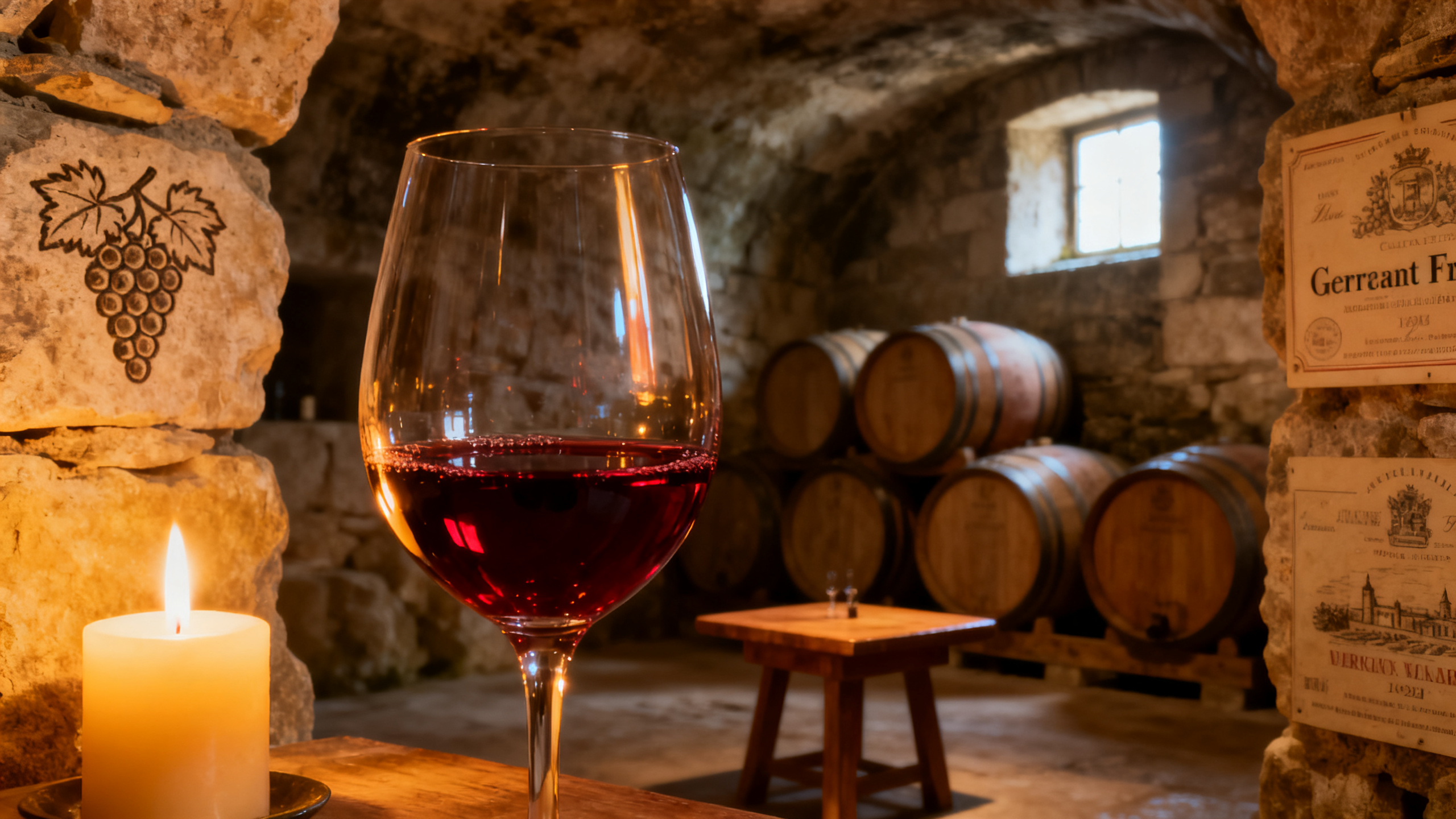 Verre de Cabernet Franc rouge en cave à vin, dégustation Loire