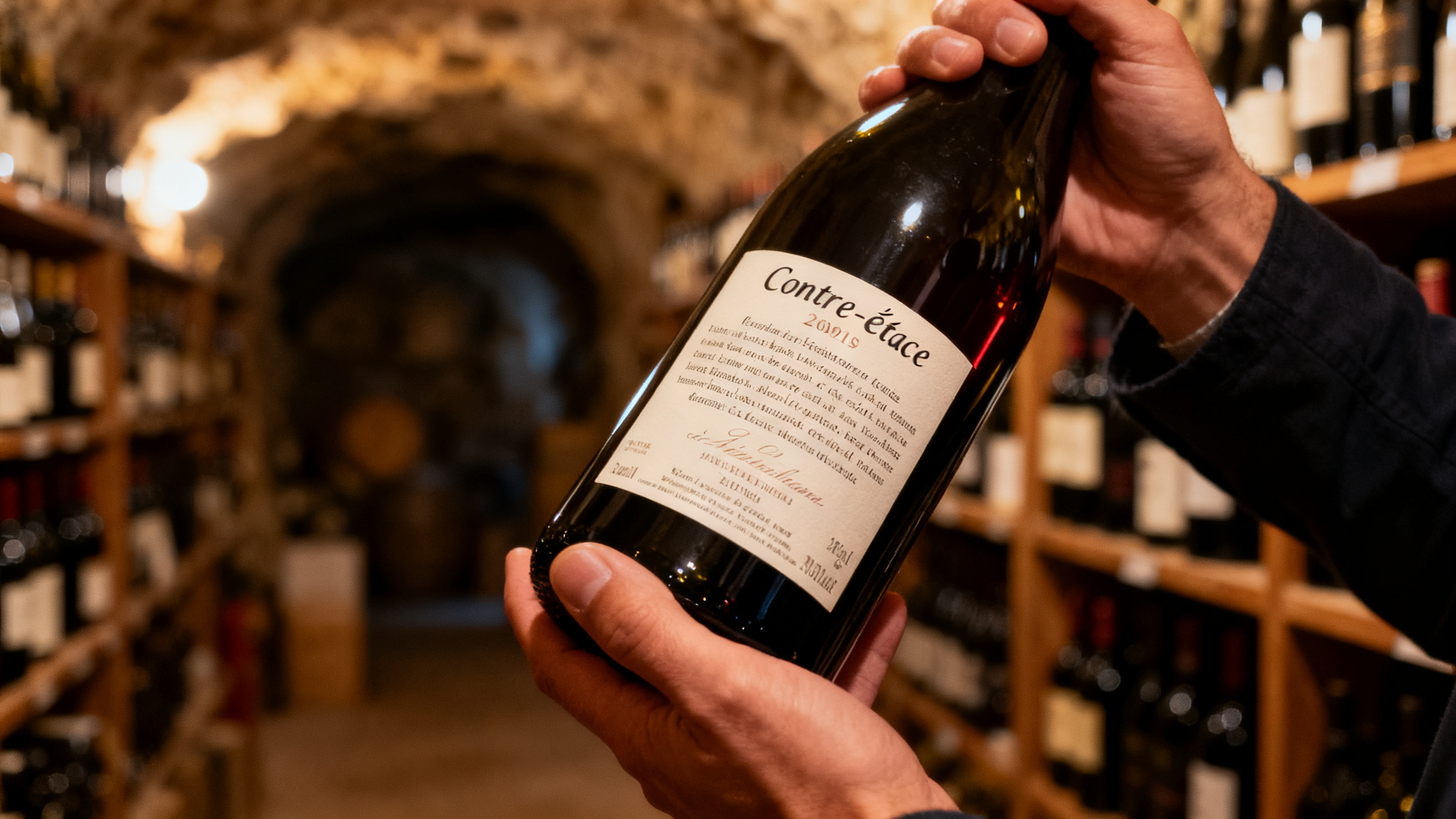 Lecture contre-étiquette en cave à vin