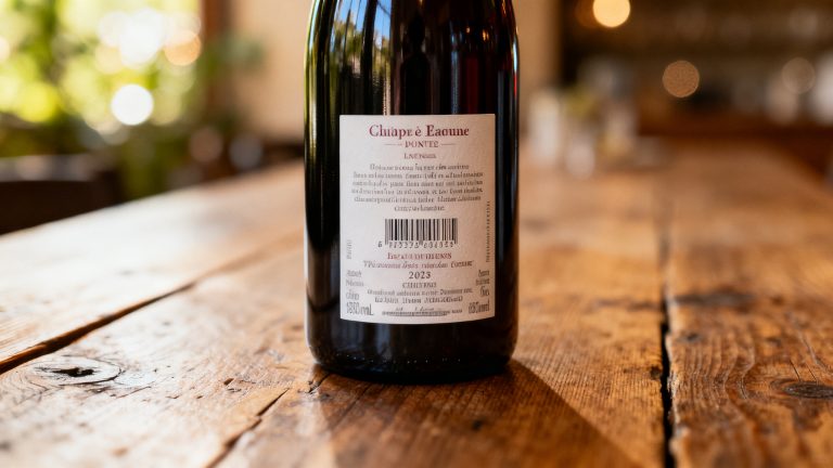 Contre-étiquette de vin : guide complet pour tout décrypter Contre-étiquette d une bouteille de vin sur table en bois — mentions obligatoires cépage allergènes