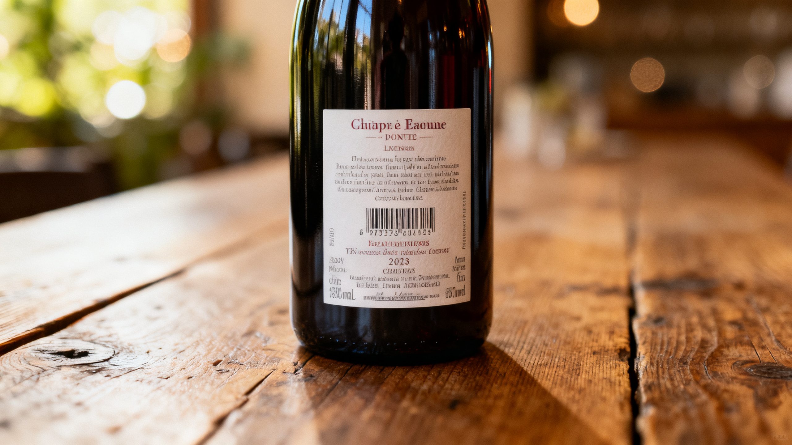Contre-étiquette d une bouteille de vin sur table en bois — mentions obligatoires cépage allergènes