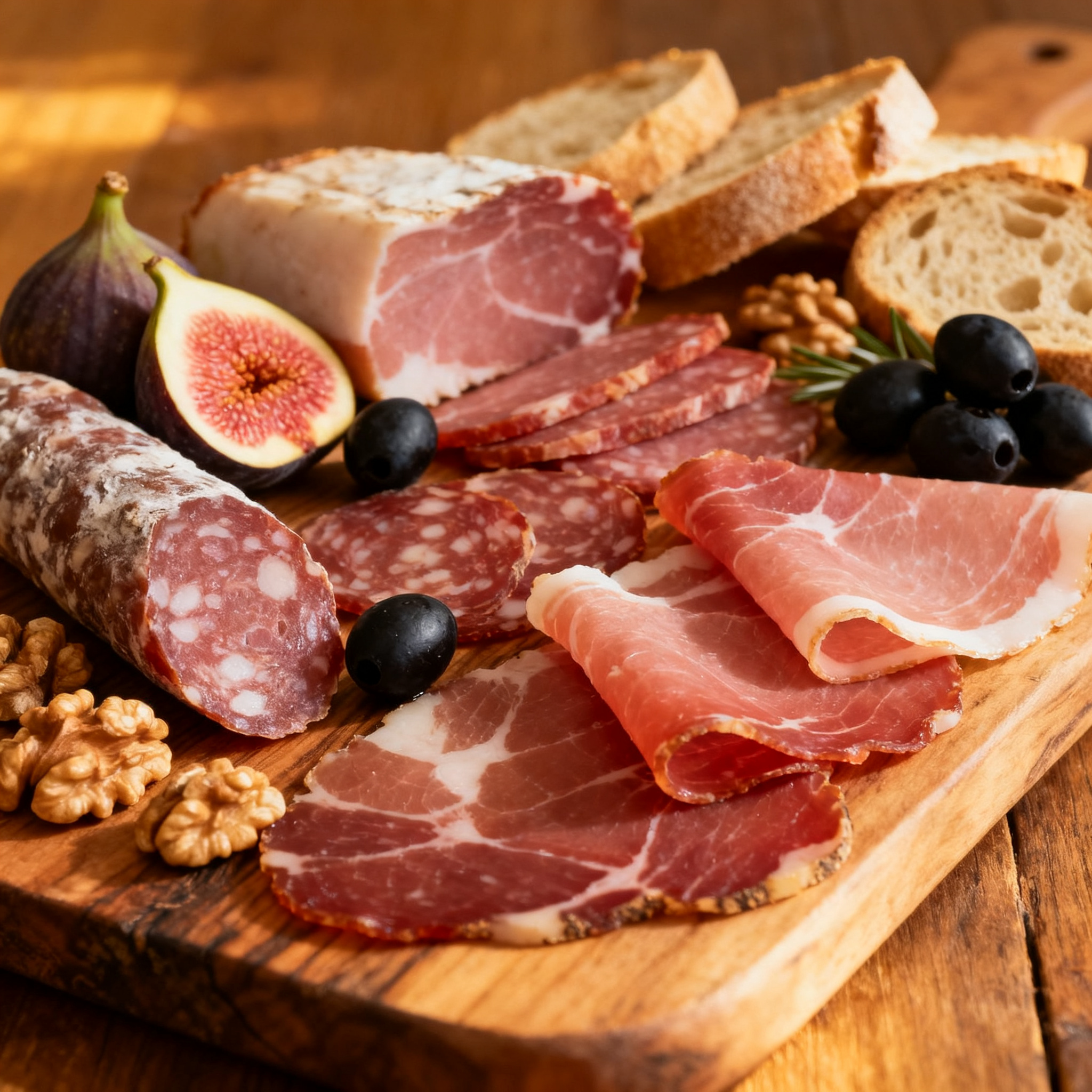 Charcuterie corse traditionnelle : lonzu, coppa, figatellu, prisuttu — accord parfait avec le Patrimonio rouge
