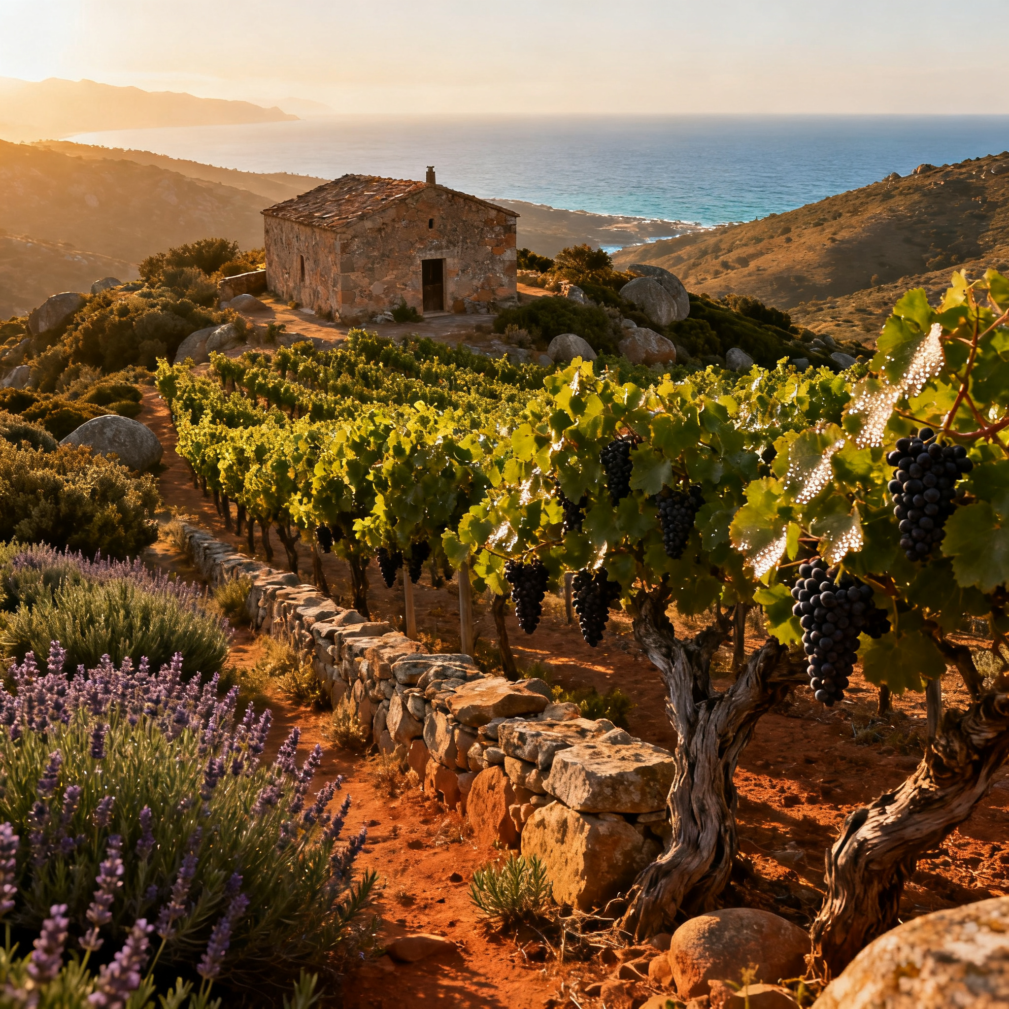 Vignoble de Patrimonio Corse — terroir granit, maquis méditerranéen et mer en fond