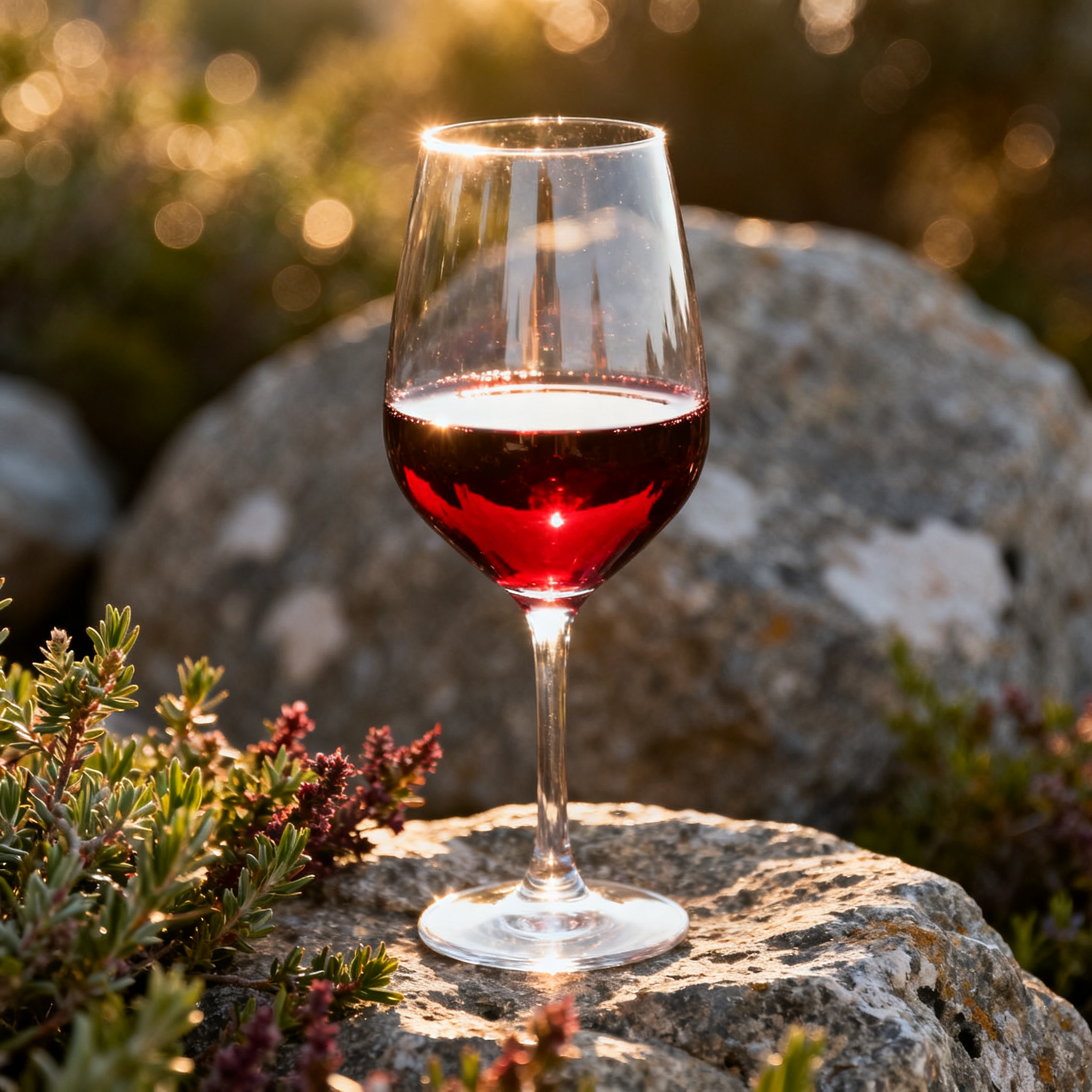Verre de Nielluccio rouge de Patrimonio Corse — teinte rubis intense, reflets violets caractéristiques du cépage