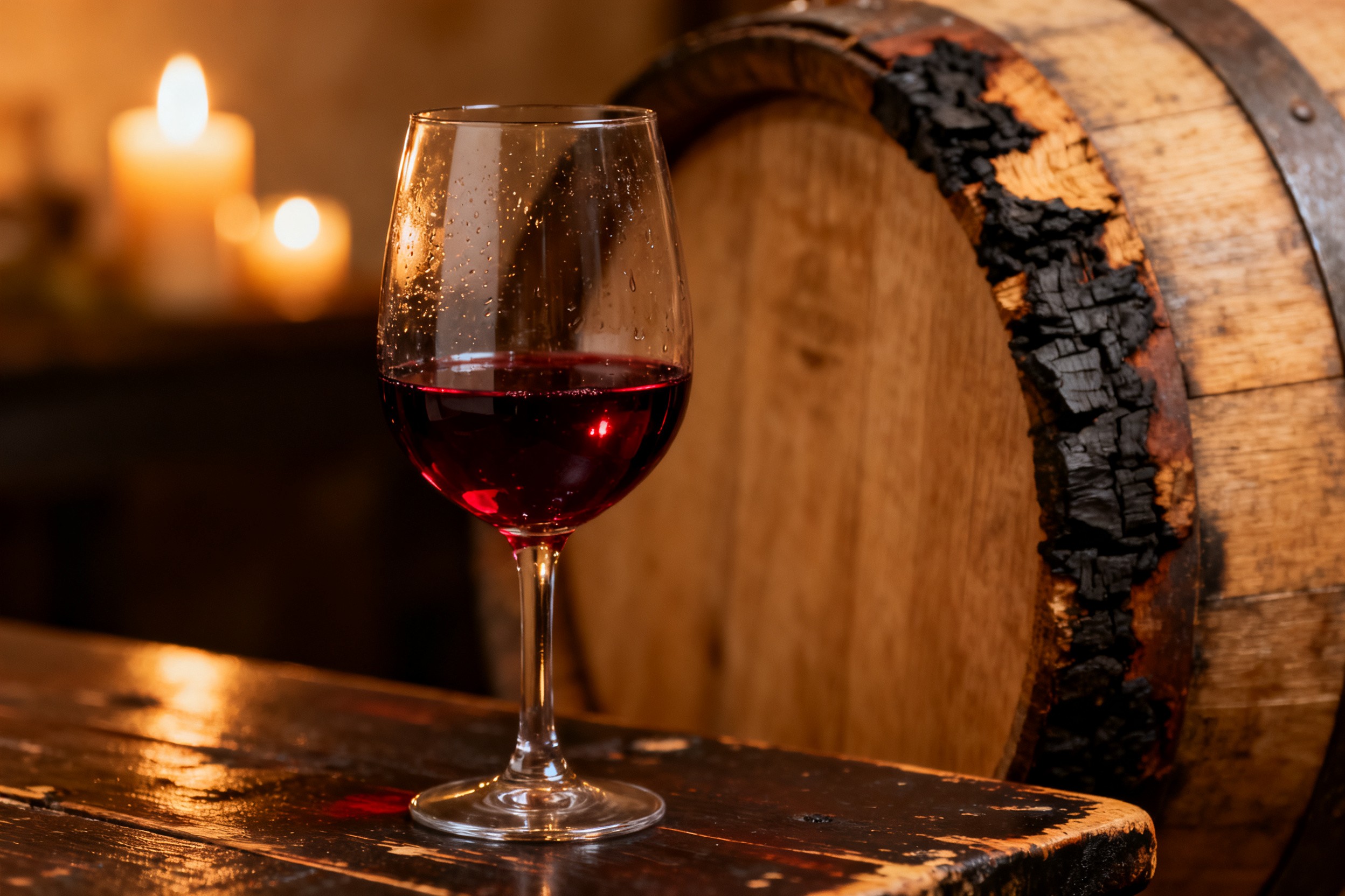Verre d'Amarone della Valpolicella rouge profond sur table en bois rustique