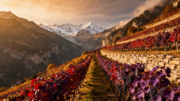 Vignoble de Mondeuse Noire sur les pentes alpines de la Savoie