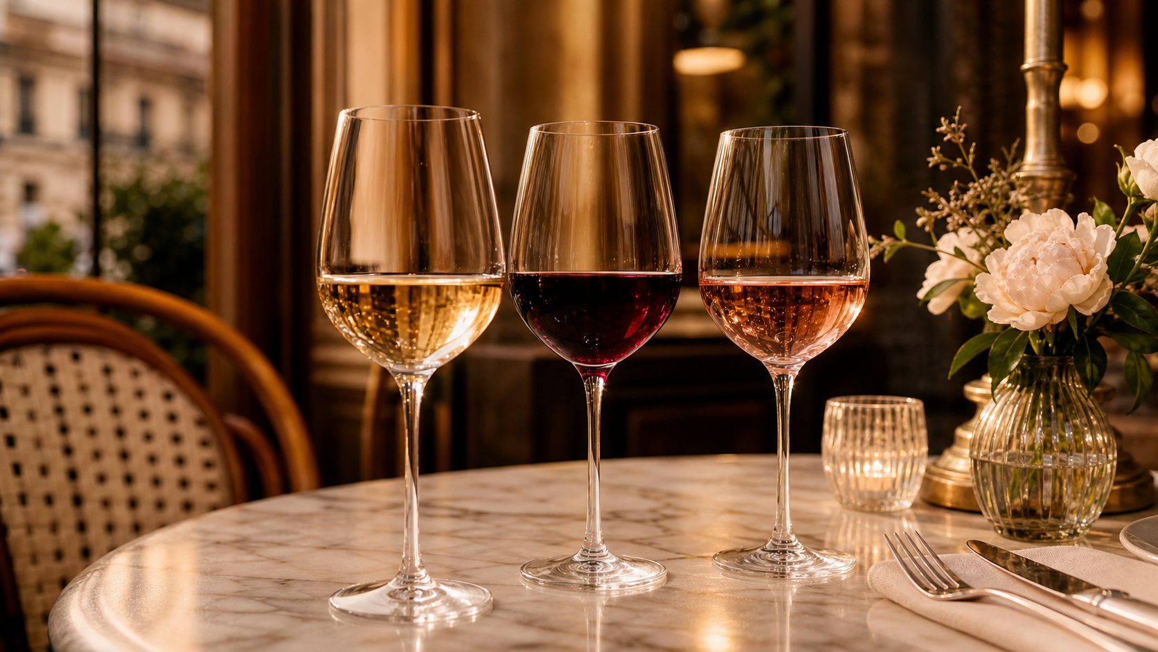 trois verres de vin blanc rouge rosé sur table de restaurant français, baromètre SOWINE 2026