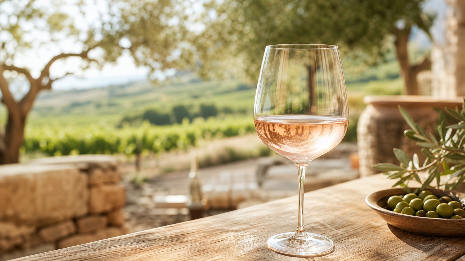 Verre de rosé de Provence, en terrasse près d'un vignoble