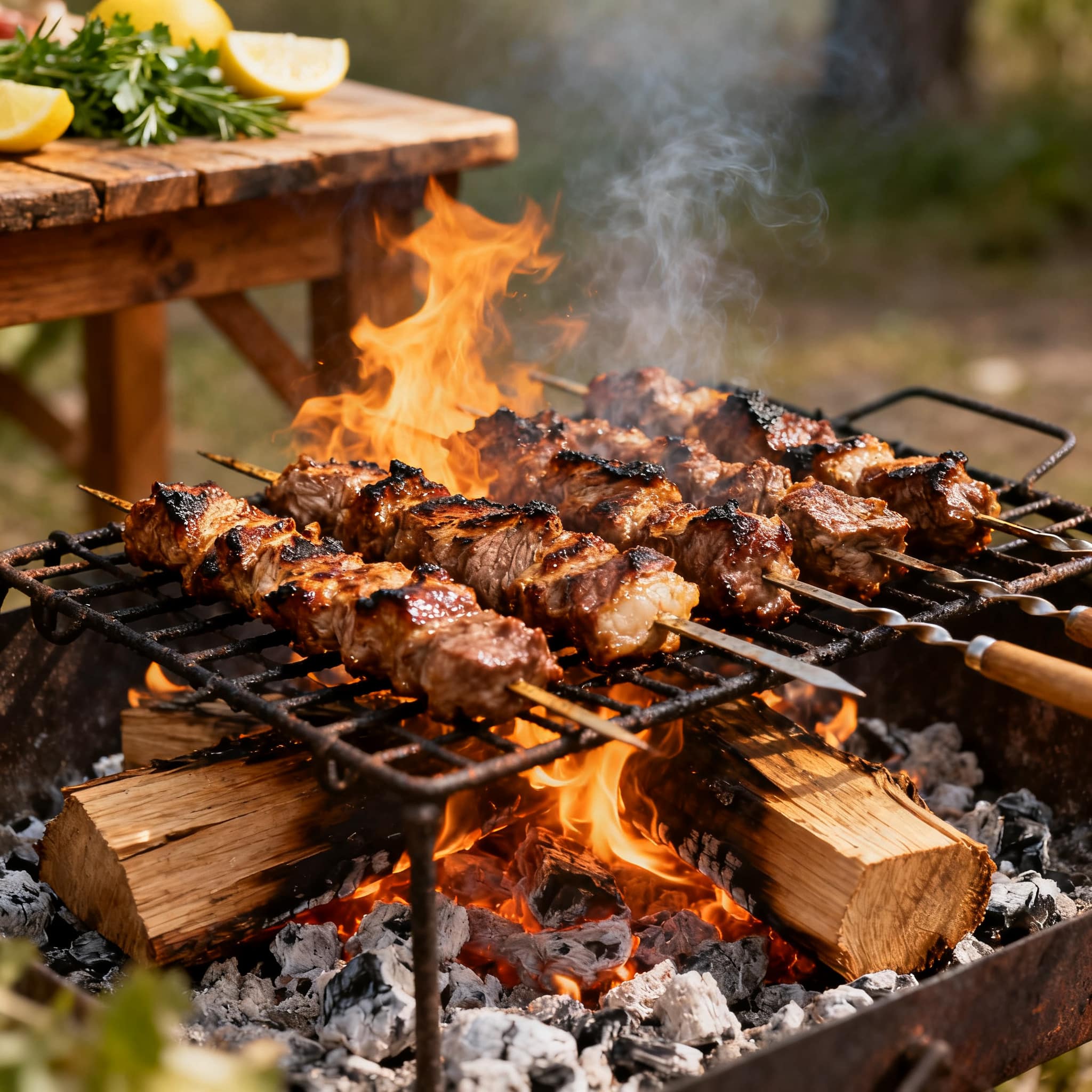 Mtsvadi brochettes agneau géorgien grillées sur braise de vigne