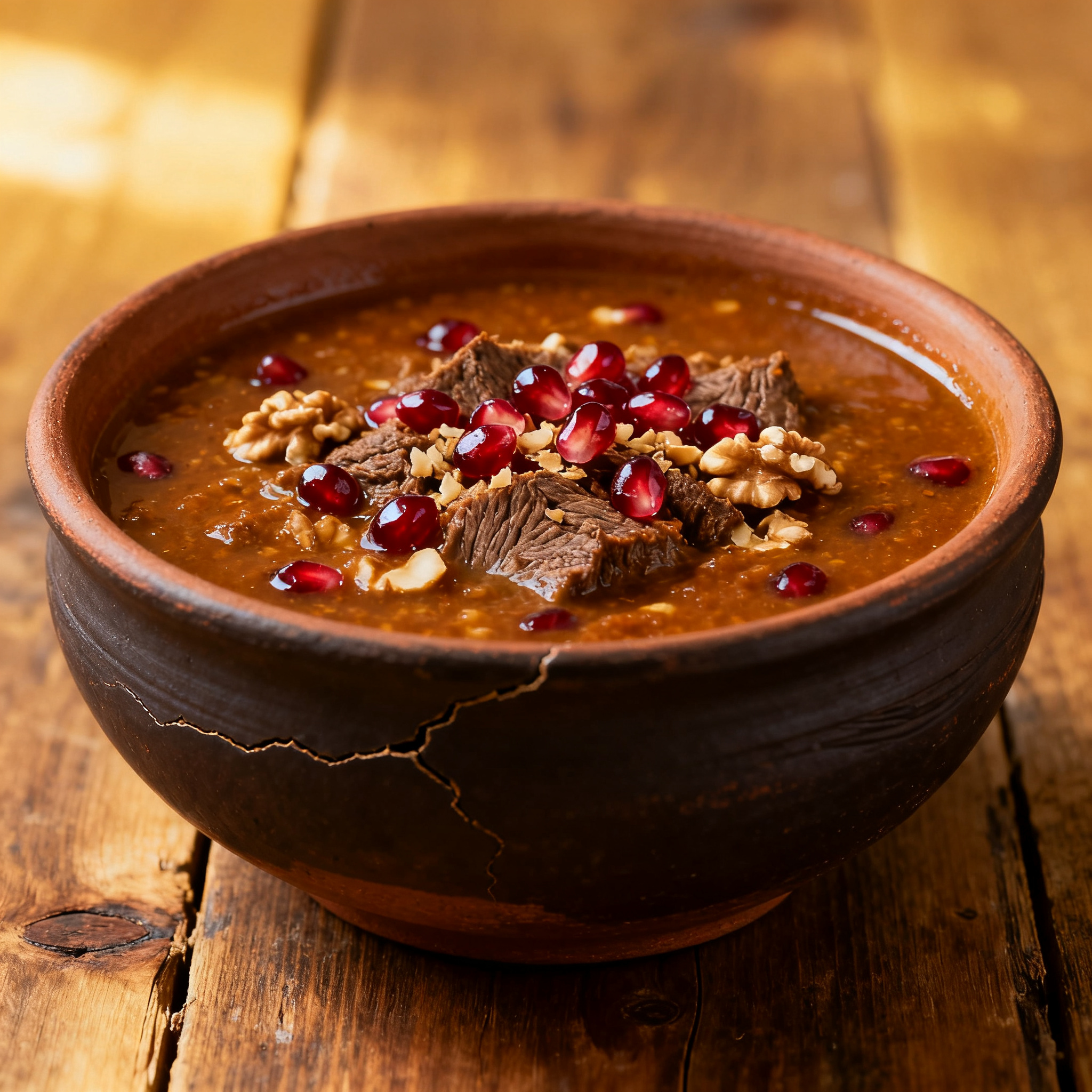 Kharcho soupe géorgienne au boeuf et aux noix avec grenades