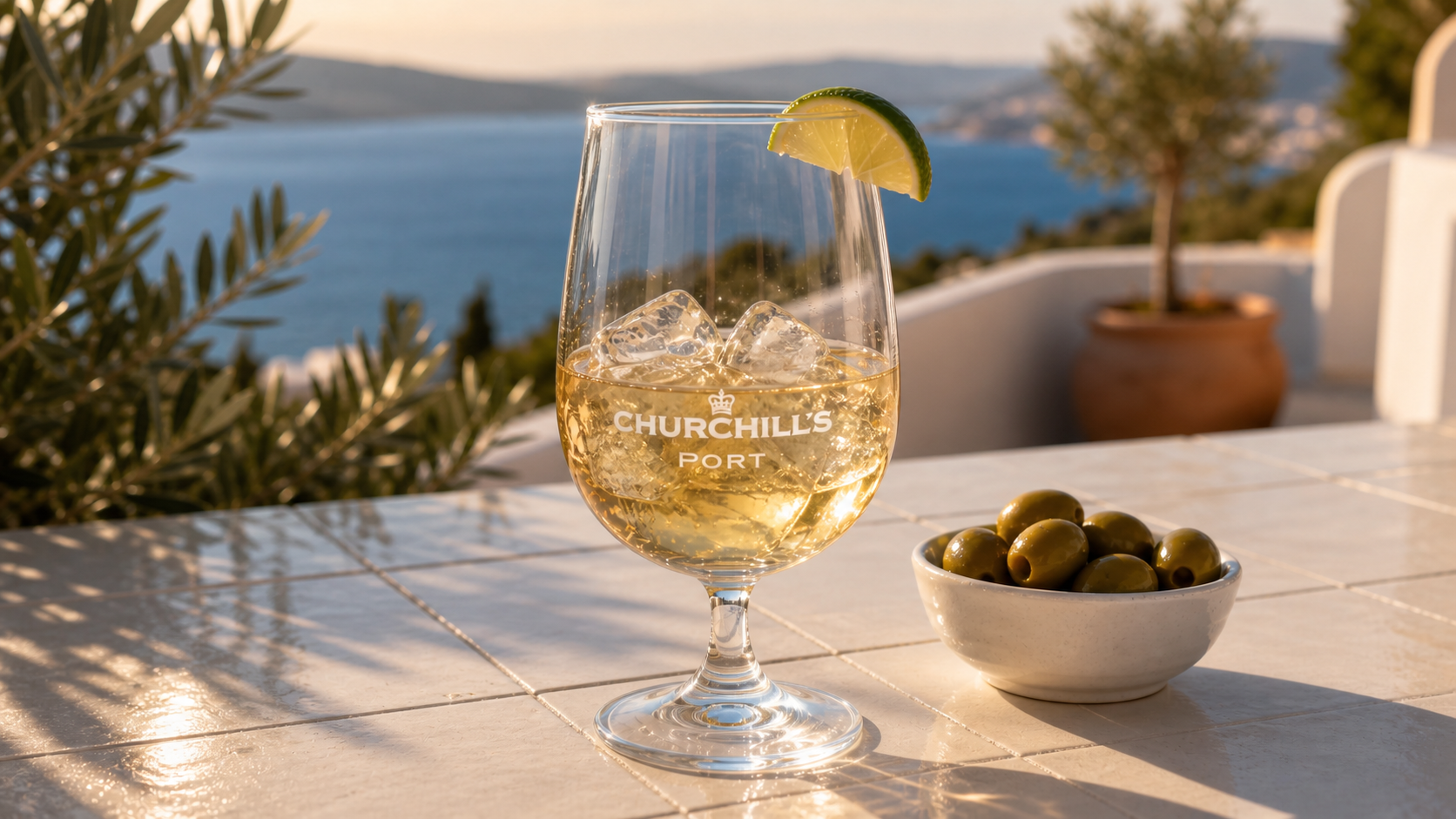 Verre de Porto blanc Churchill_s sur glaçons avec quartier de citron vert et olives sur une terrasse ensoleillée face à la mer — apéritif estival fortifié