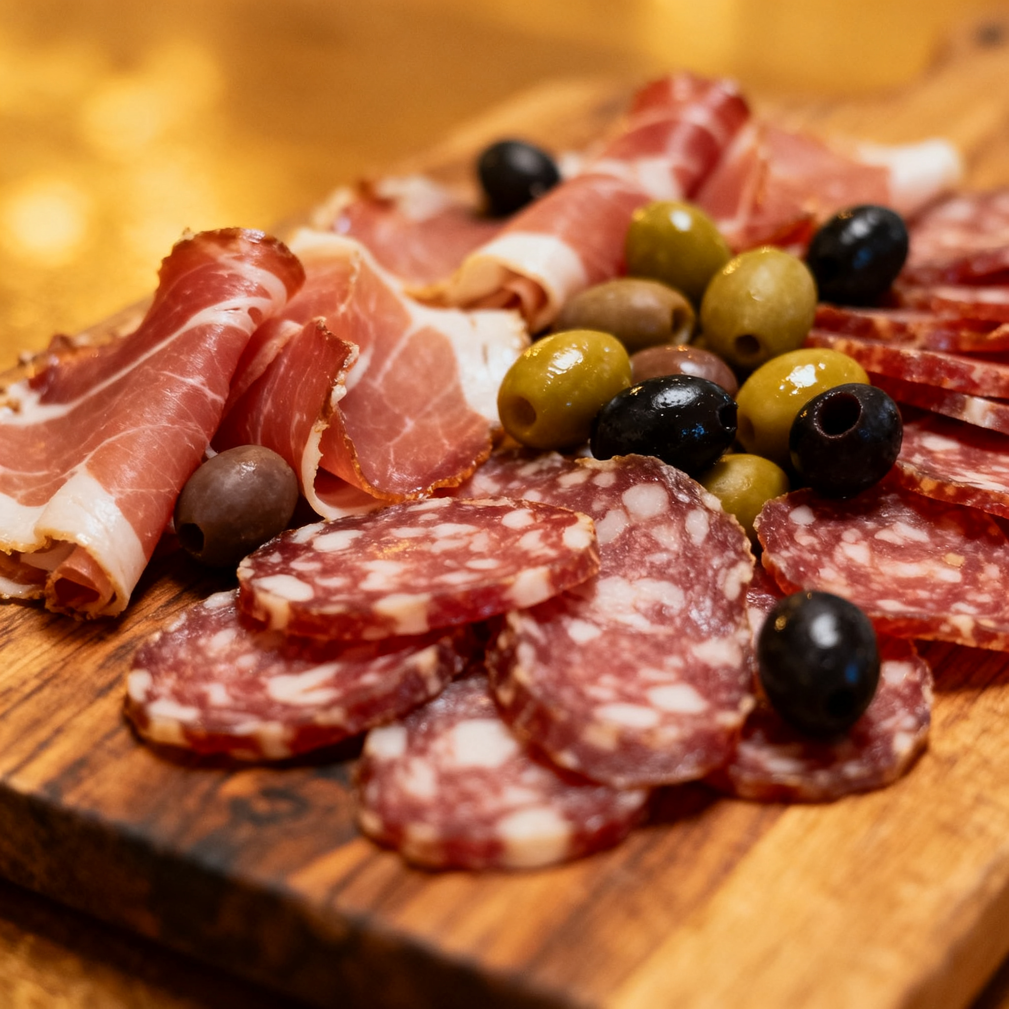 Charcuterie sicilienne capicollo salami olives, accord Frappato