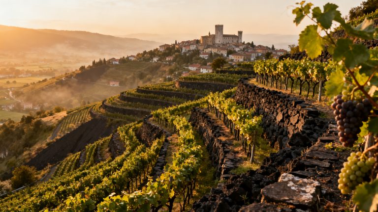 Vignoble Soave Classico sur collines volcaniques en Vénétie, terrasses de Garganega à coucher de soleil