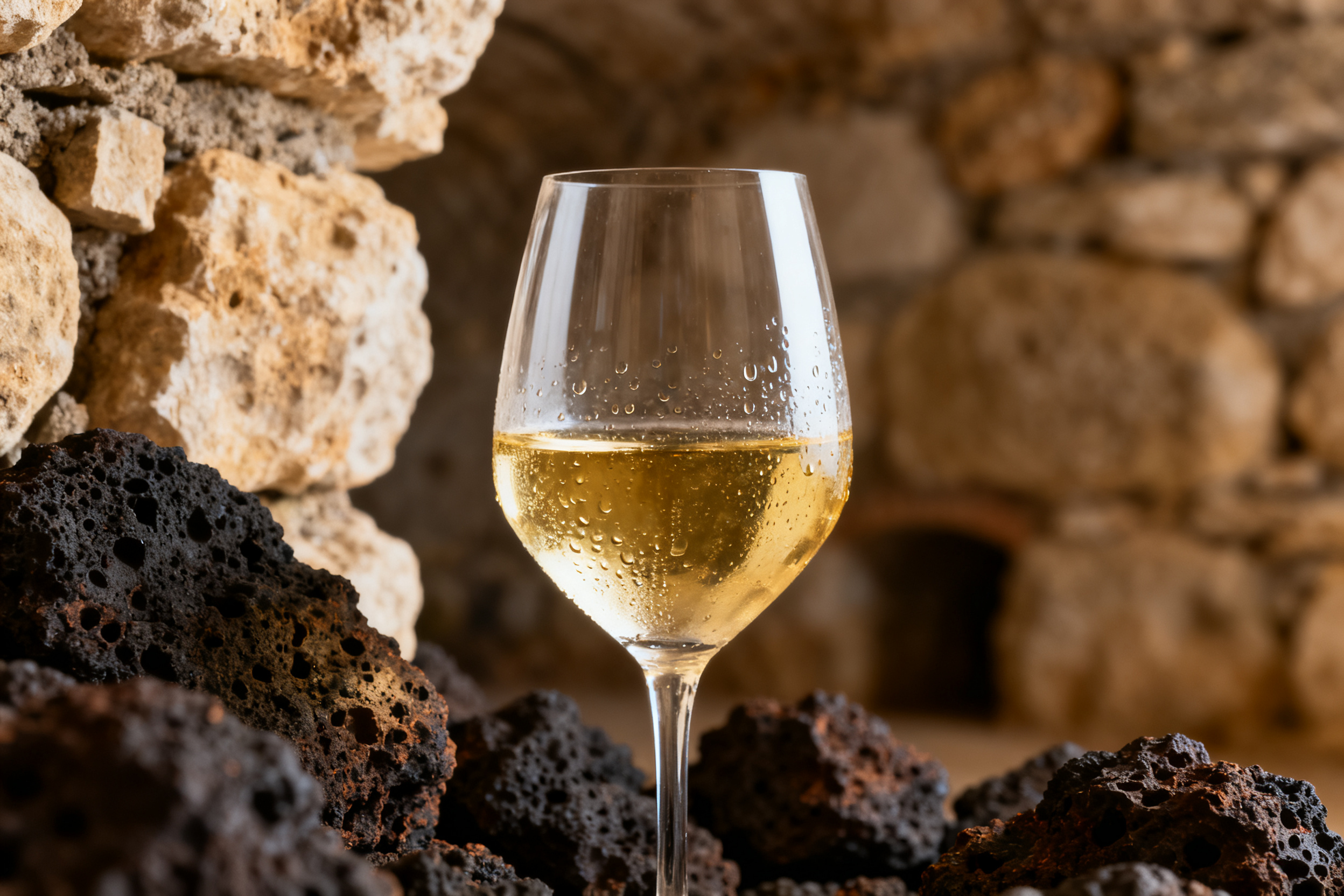 Verre de vin blanc Soave Garganega dans une cave italienne en pierre volcanique