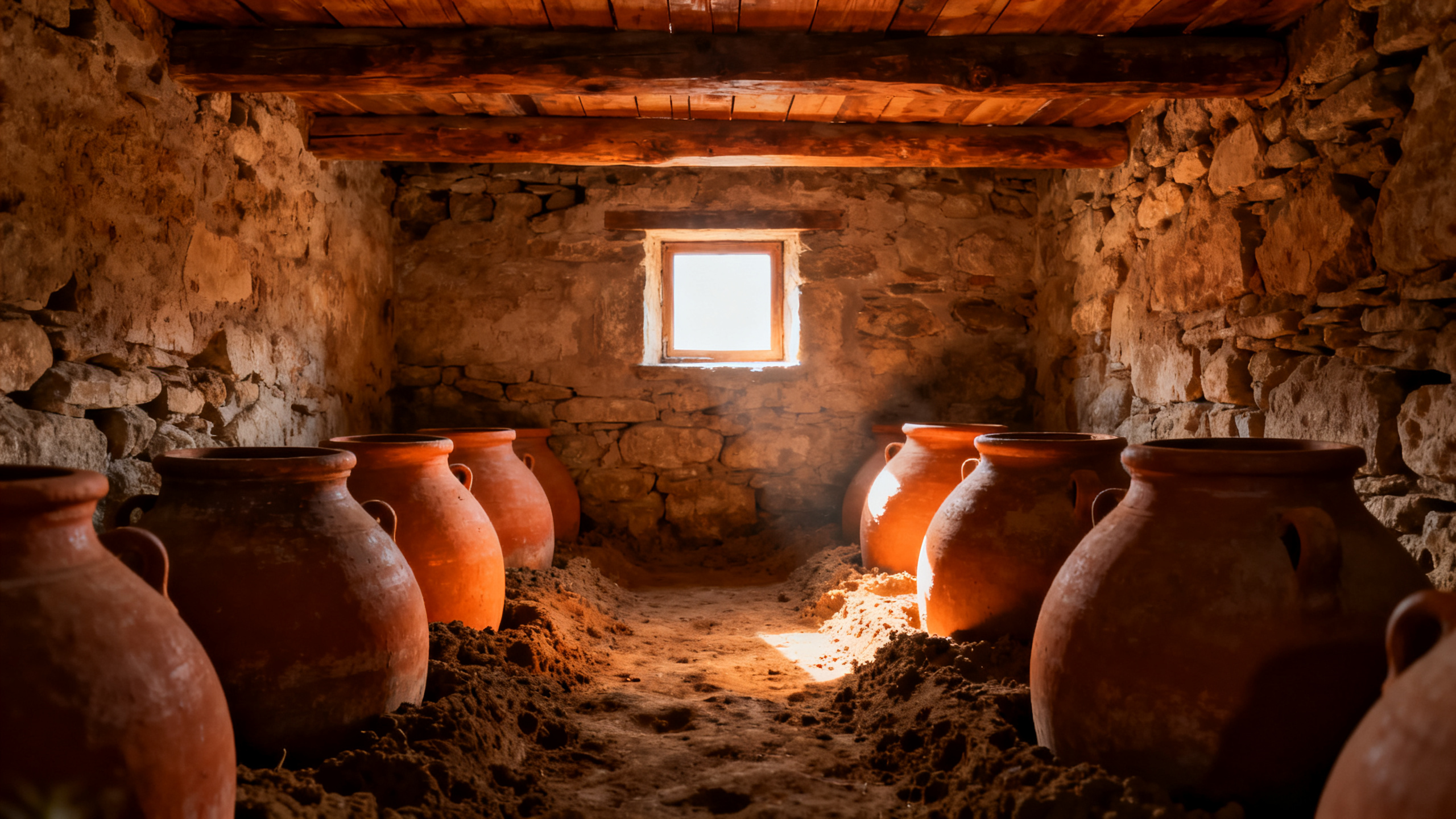 Cellier géorgien avec amphores qvevri enterrées dans la terre, montagnes du Caucase