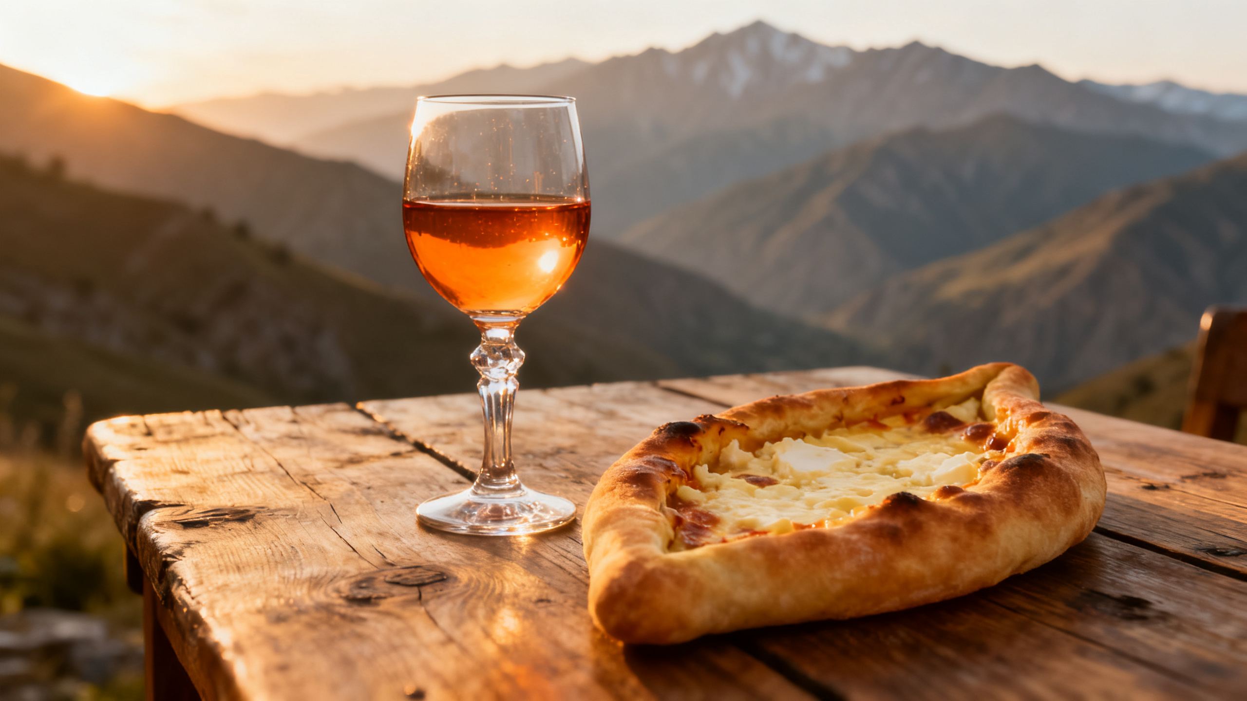 Verre de vin ambré géorgien avec khachapuri traditionnel et paysage du Caucase