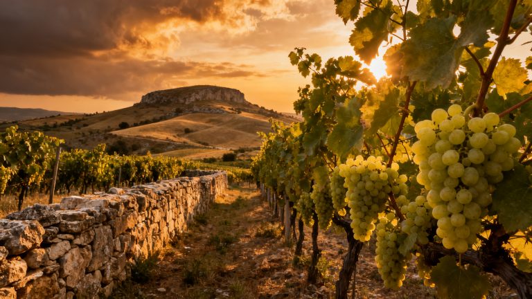 Vignoble Grillo Sicile occidentale coucher de soleil, collines et vignes siciliennes