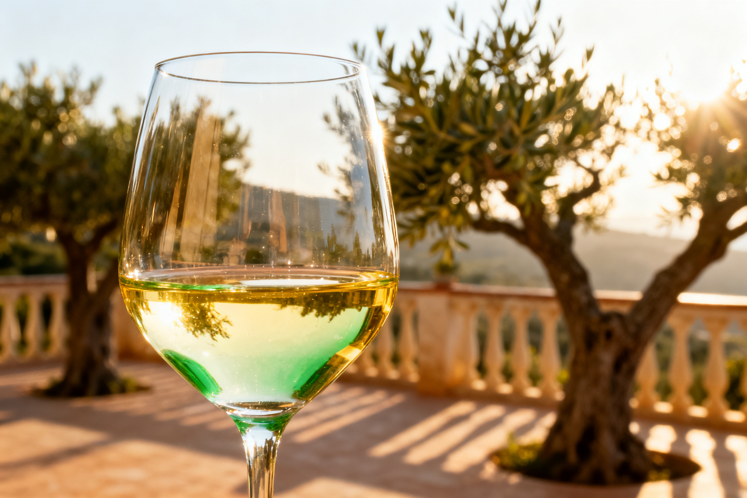 Verre de vin blanc Grillo sicilien, reflets dorés, terrasse méditerranéenne