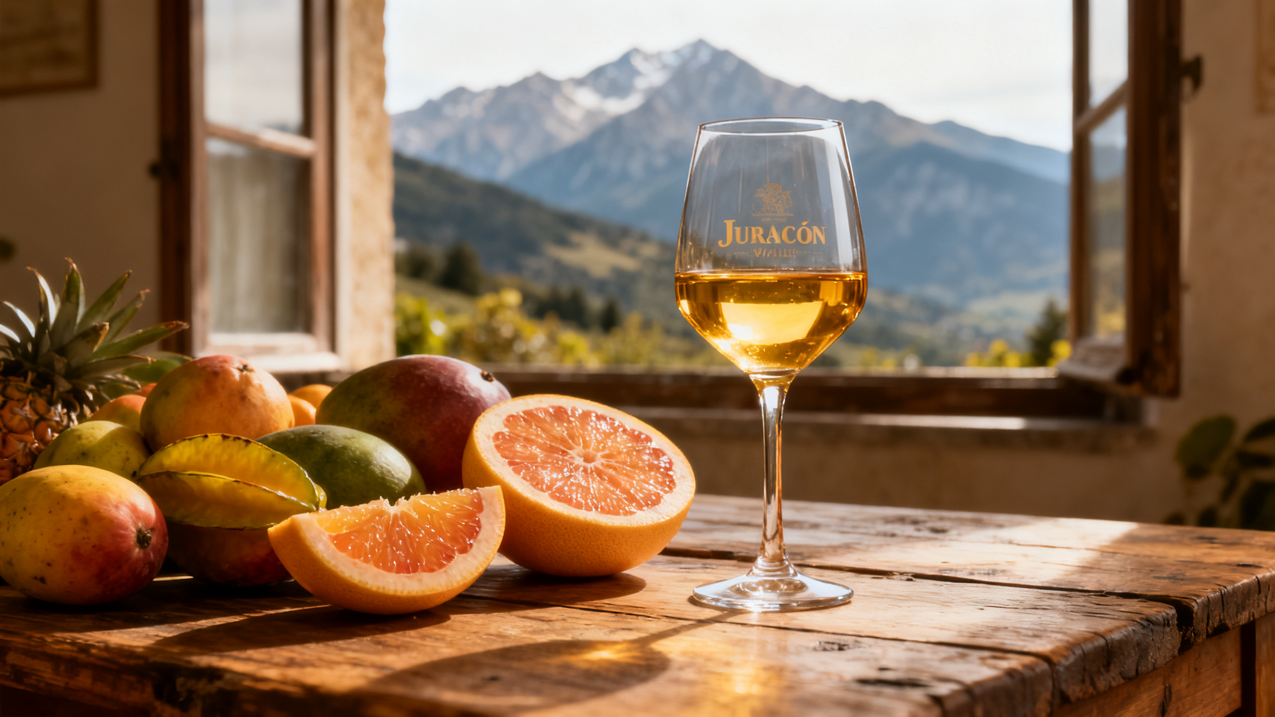 verre de jurançon blanc gros manseng avec fruits tropicaux et pamplemousse