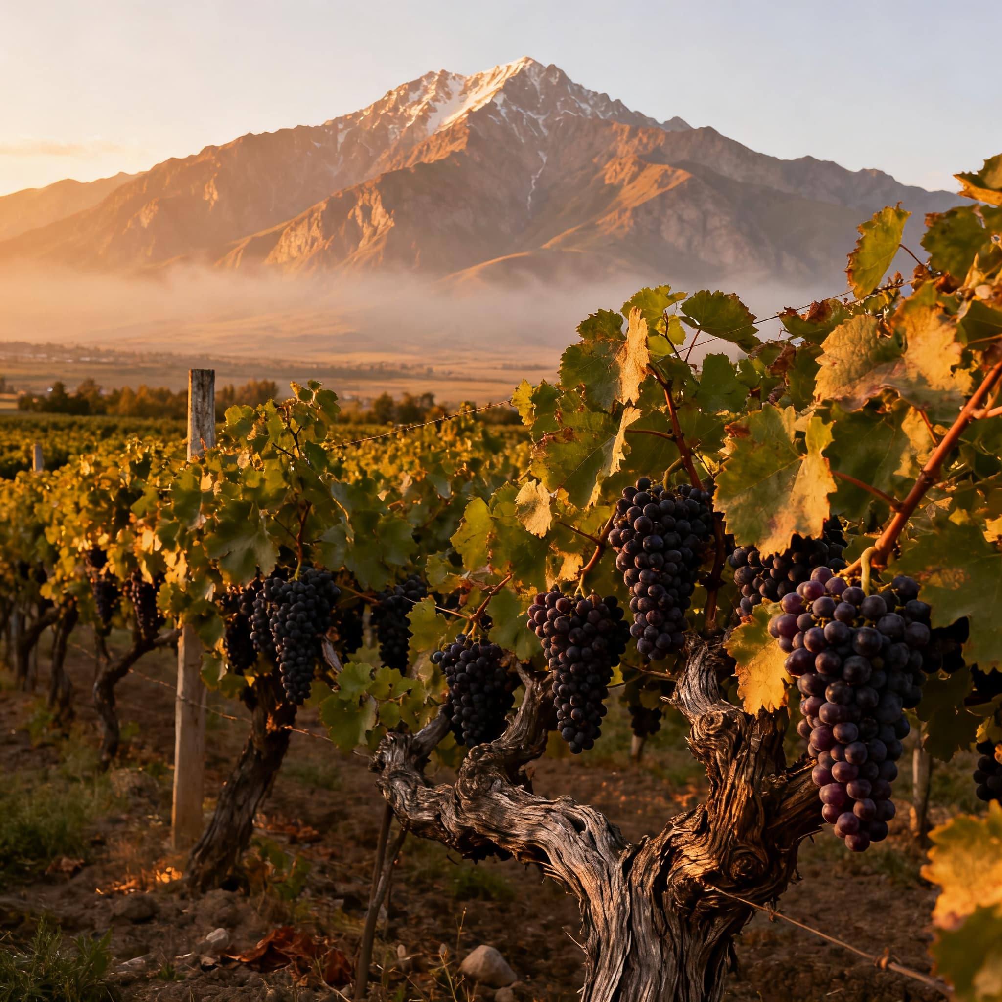 Vignoble kakhétien avec grappes de Saperavi, cépage teinturier de Géorgie