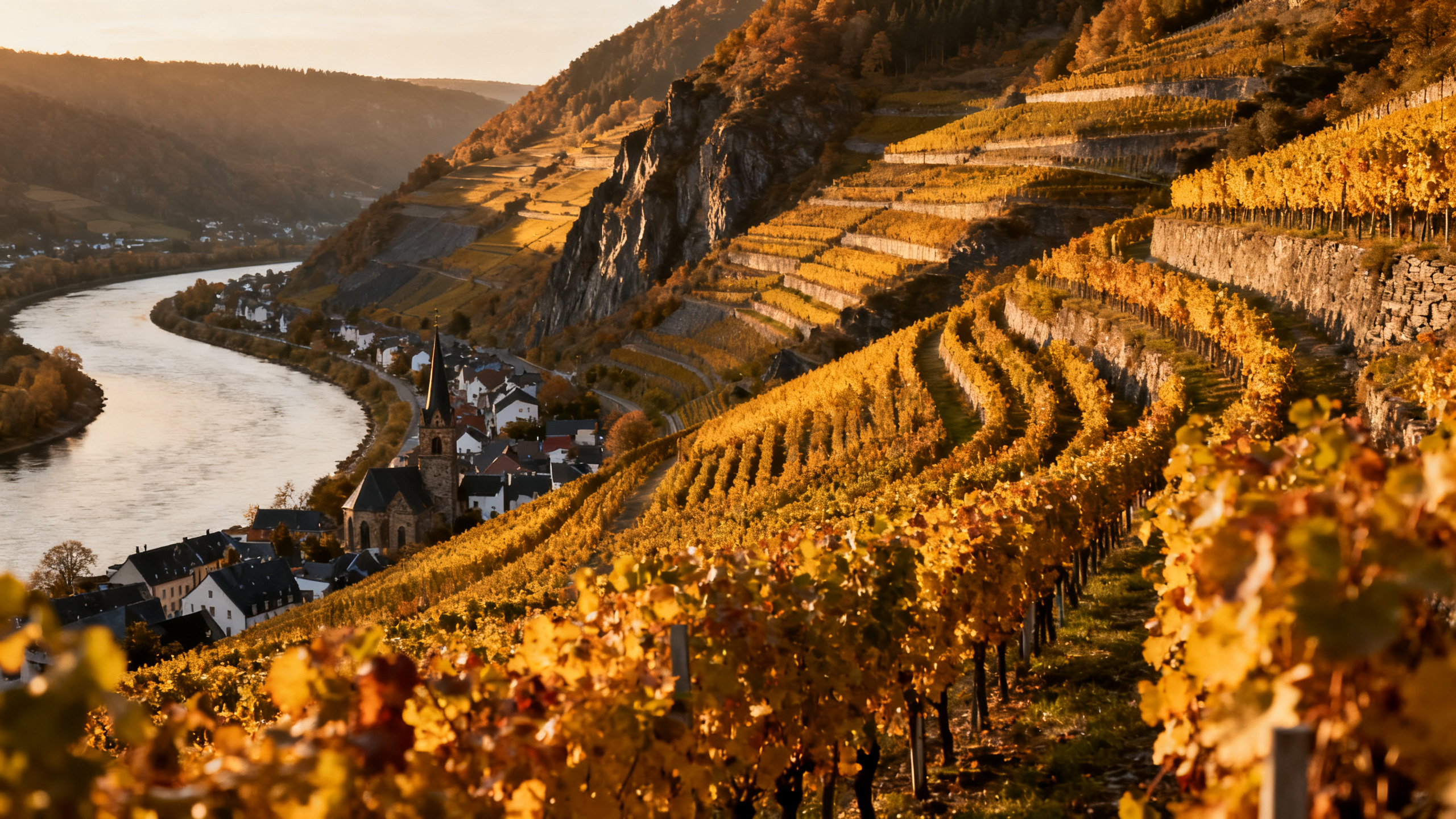 Vignobles de la Moselle en terrasses ardoisées au-dessus du fleuve, vignes de Riesling en automne