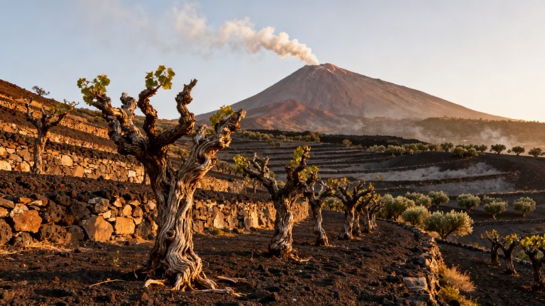 Nerello Mascalese : Guide Complet du Cépage de l'Etna Vignes centenaires de Nerello Mascalese sur les pentes noires de l Etna avec vue sur le volcan en fumée