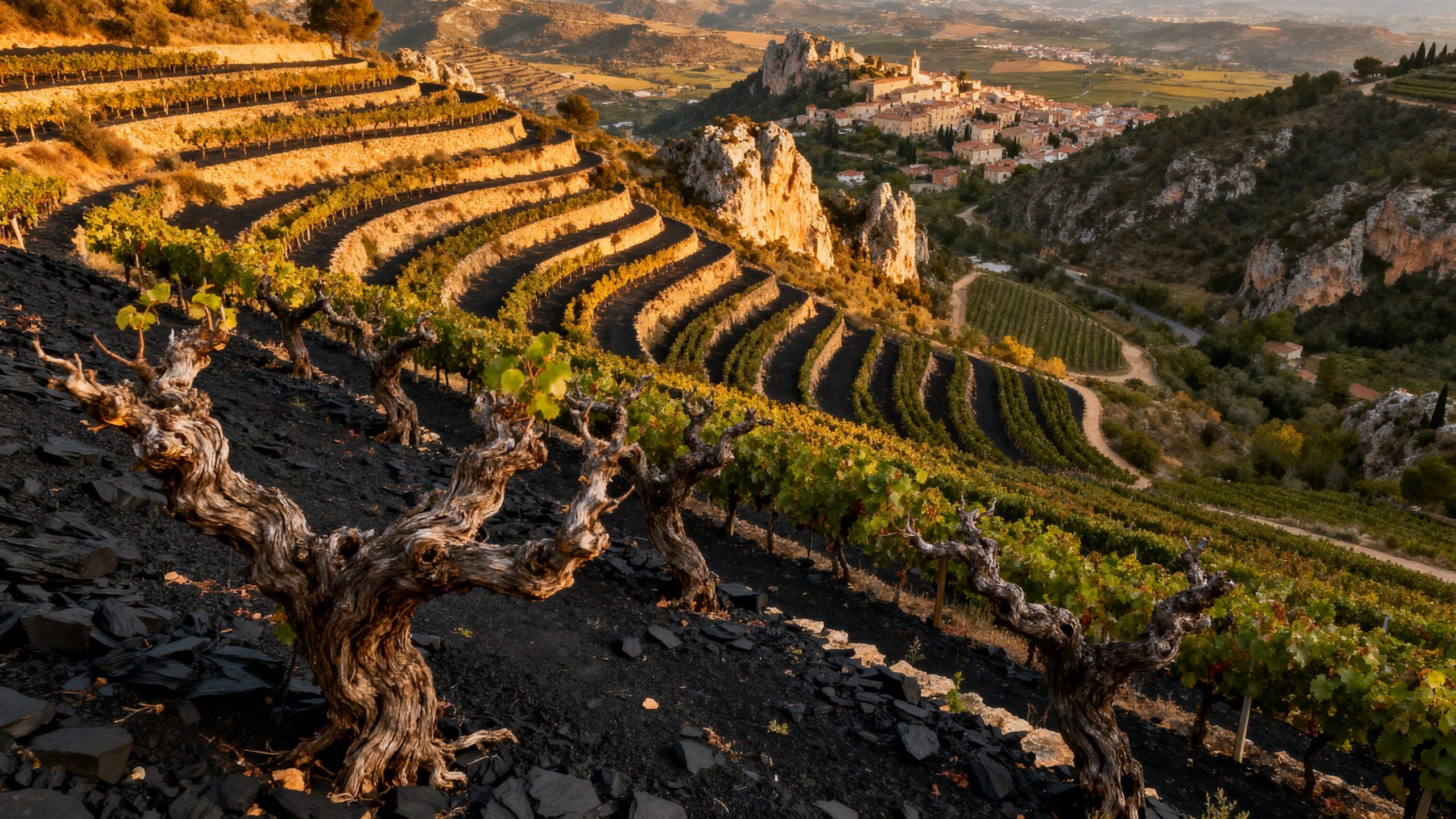 Vignobles en terrasses du Priorat DOQ sur ardoise llicorella, Catalogne Espagne