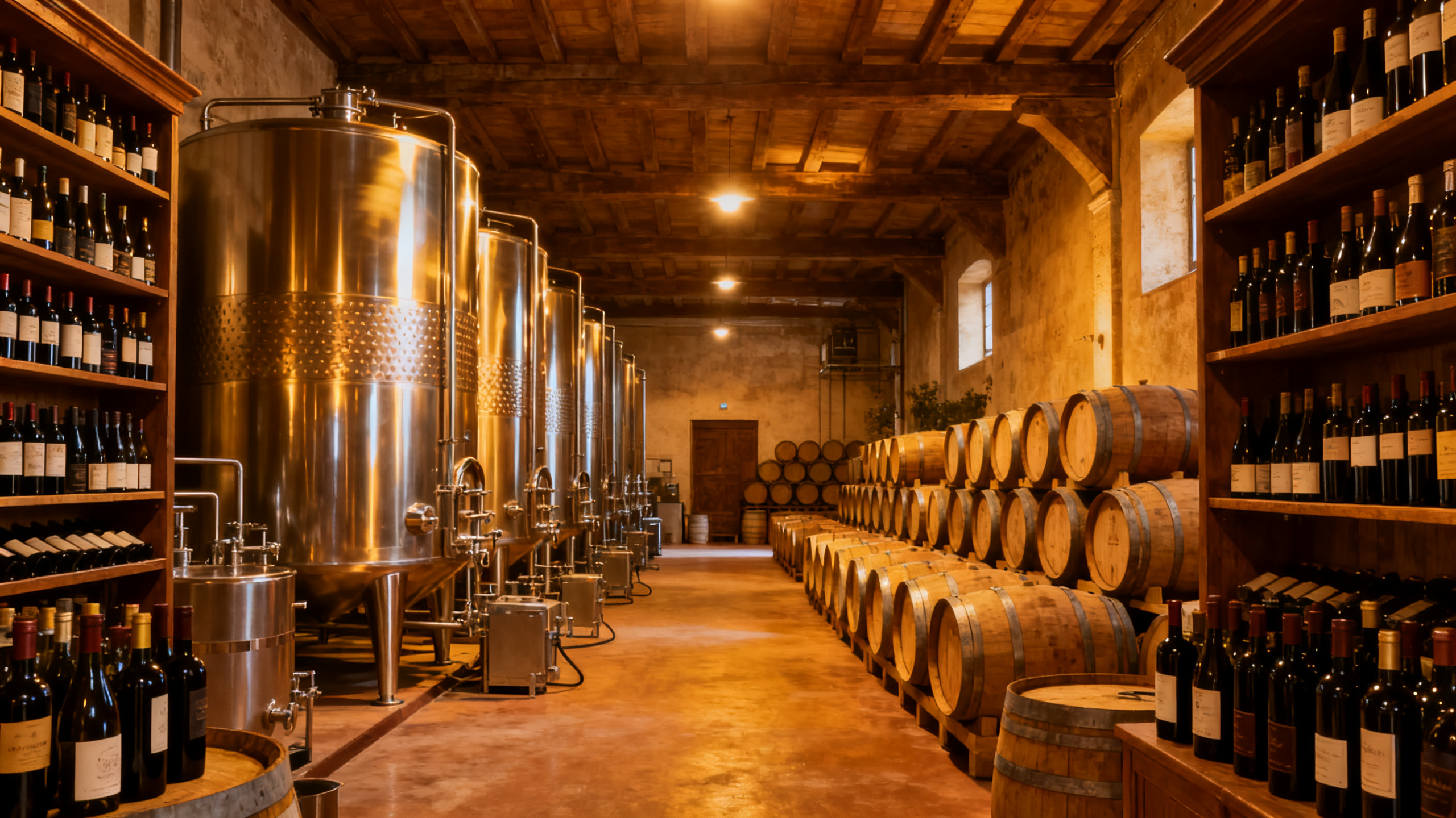 Grande cave viticole avec rangées de cuves inox — stocks massifs de vin en France