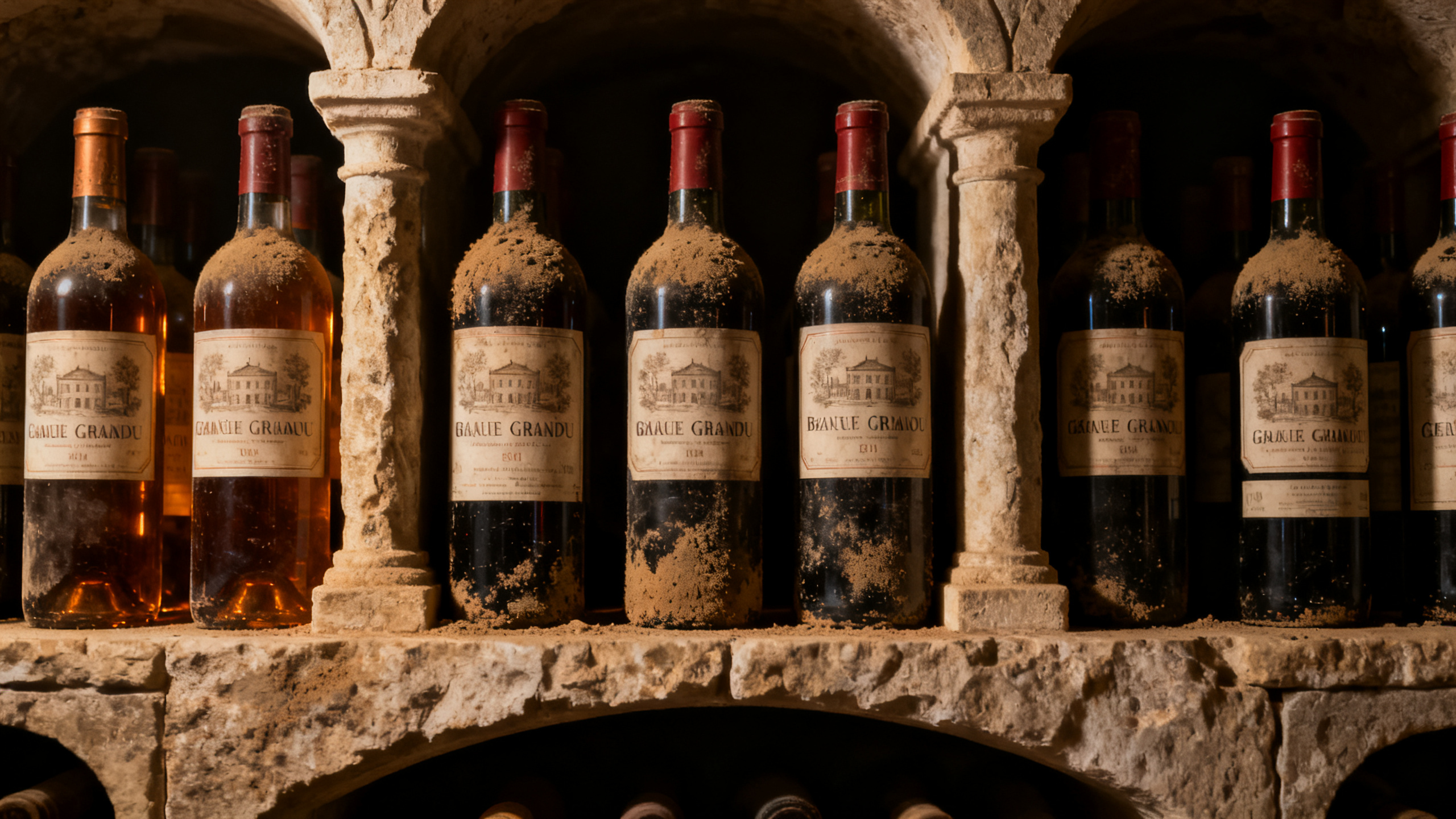 Bouteilles de Bordeaux grand cru empilées en cave, illustration affaire escroquerie 1855.com vins primeurs