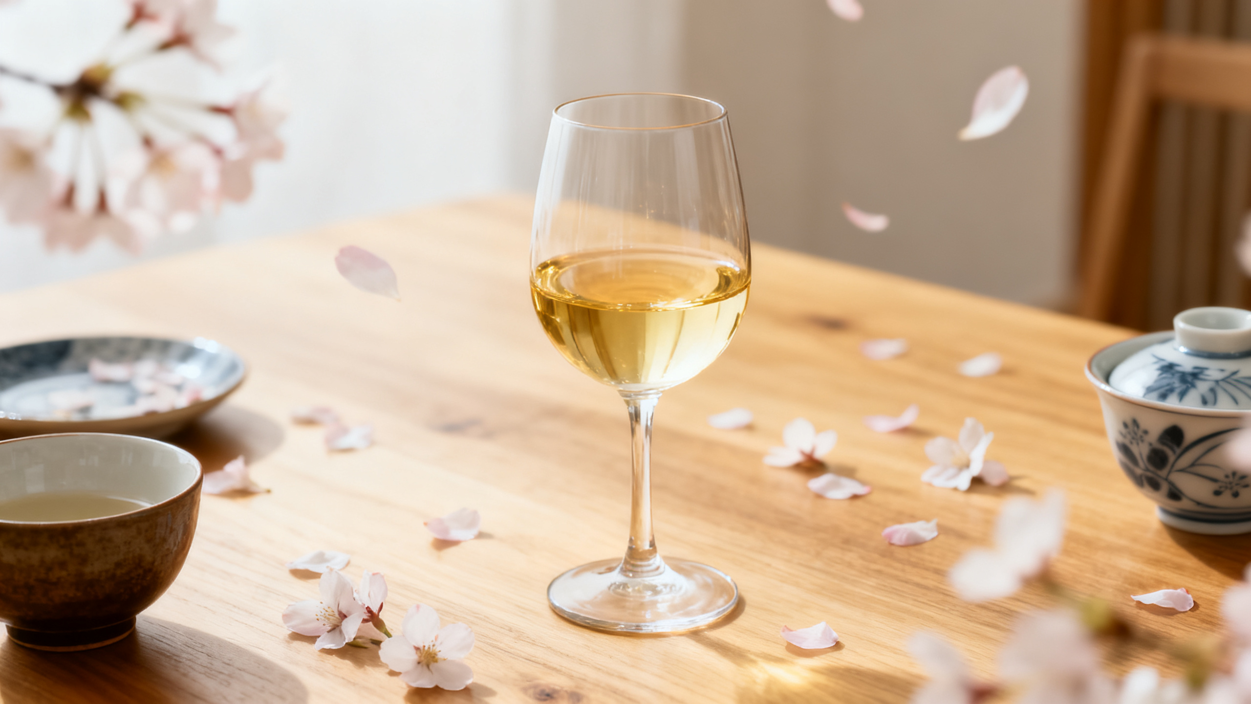 Verre de Koshu vin blanc japonais avec céramiques et fleurs de cerisier
