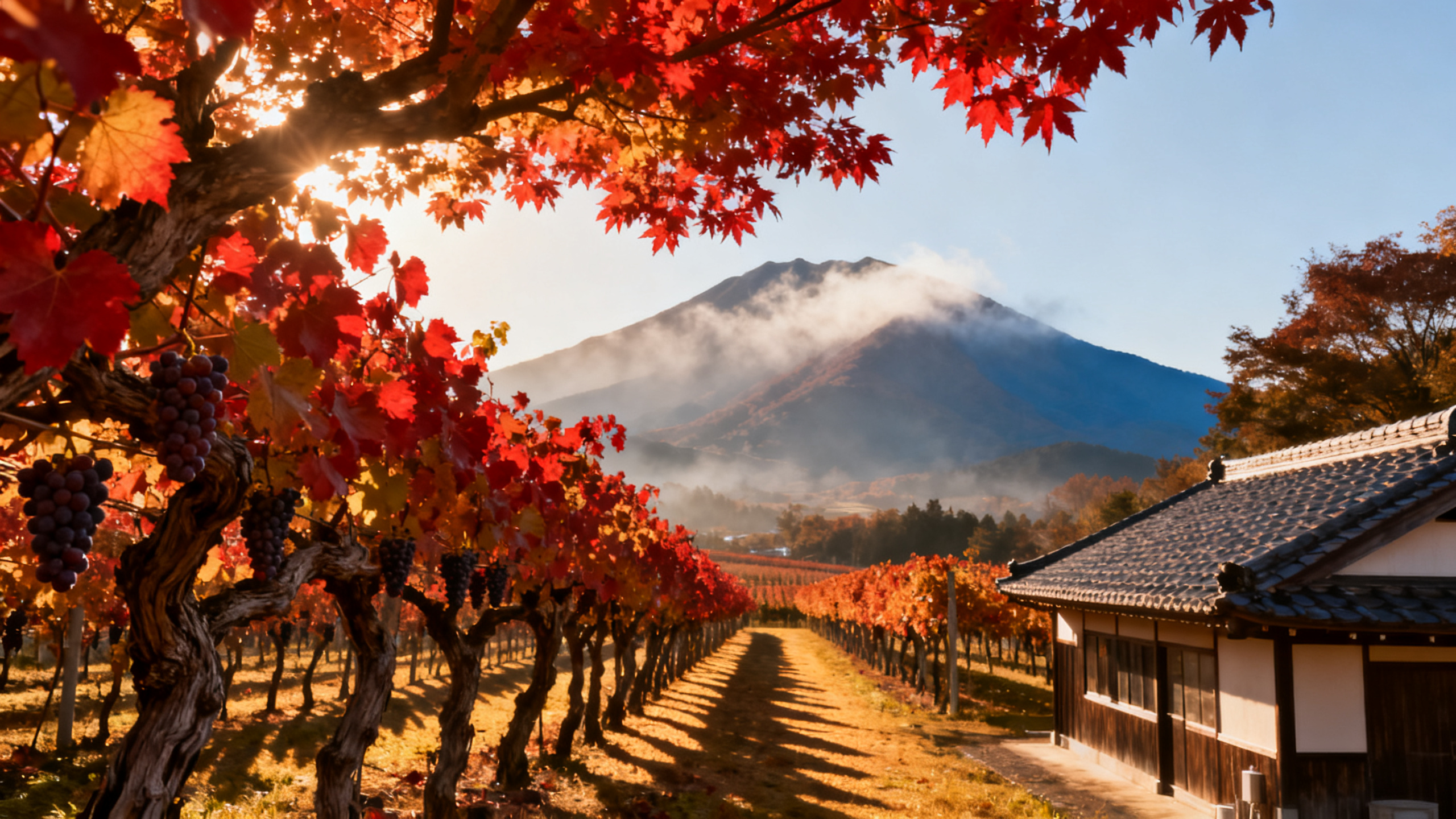 Vignoble à Hokkaido Japon en automne avec feuilles rouges et montagnes brumeuses