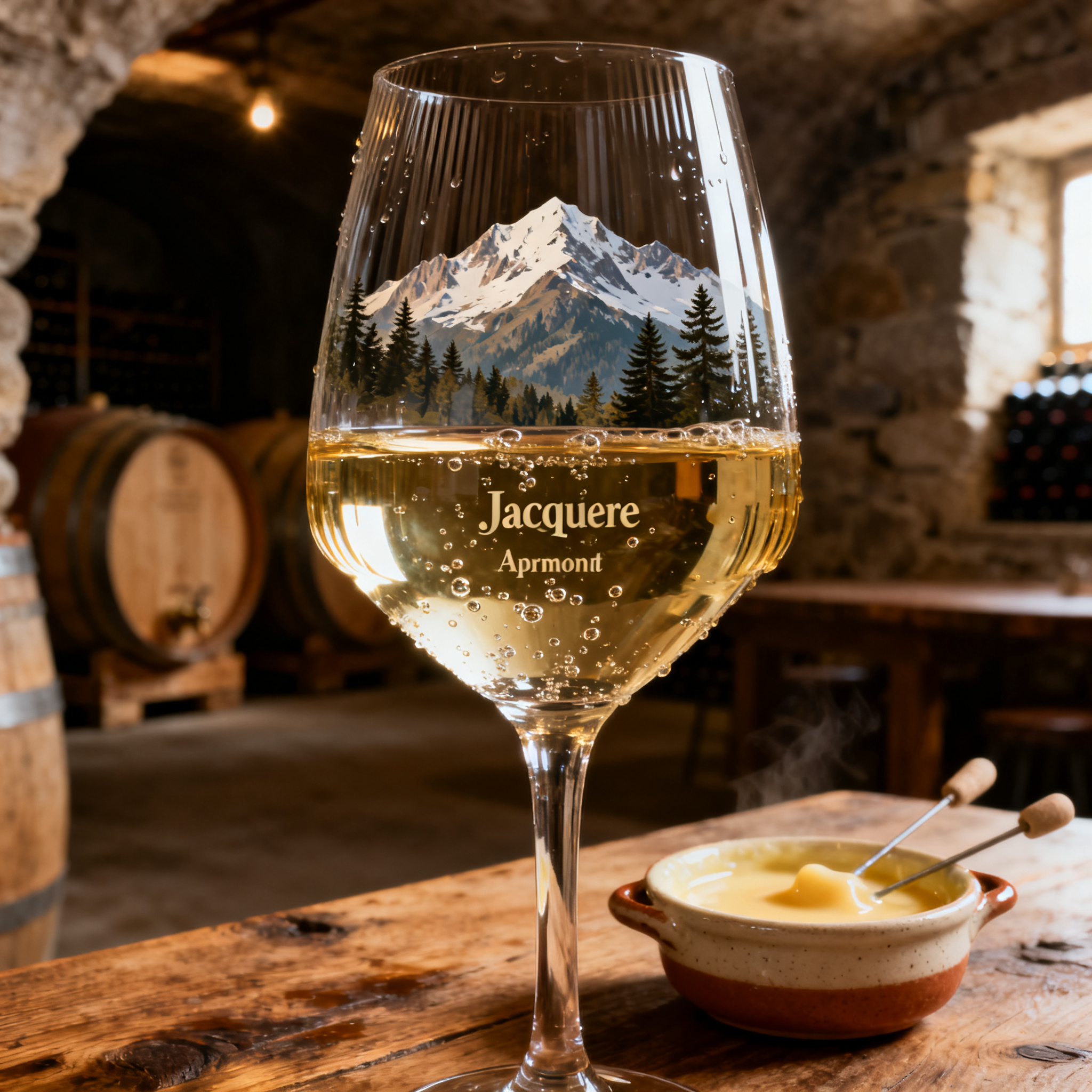 Verre de Jacquère Apremont avec vue sur les Alpes — couleur or pâle, reflets verts