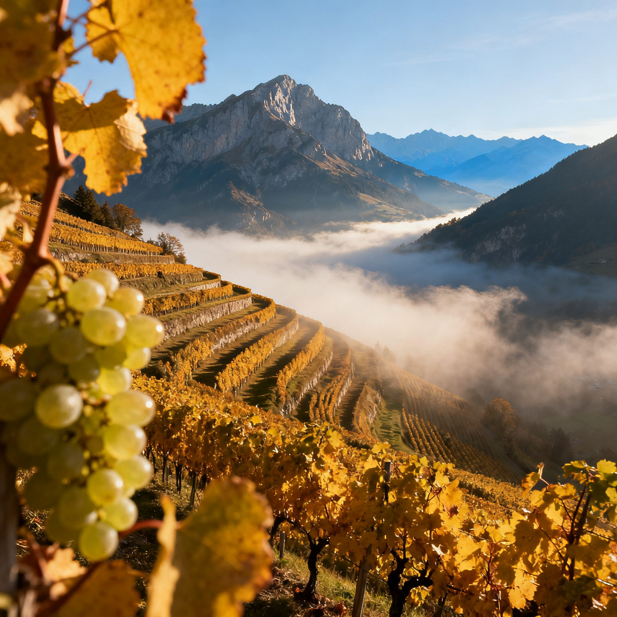 Vignoble de Jacquère en Savoie sur les pentes alpines d'Apremont, brume matinale sur la vallée alpine