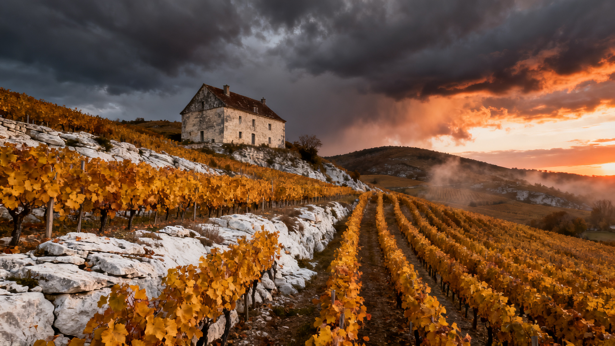Vignes du Jura en automne sur les coteaux calcaires — guide millésimes Arbois Château-Chalon