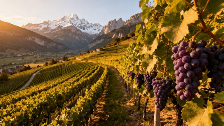 Vignobles de Lagrein dans la plaine de Bolzano avec les Dolomites en arrière-plan, Trentin-Haut-Adige