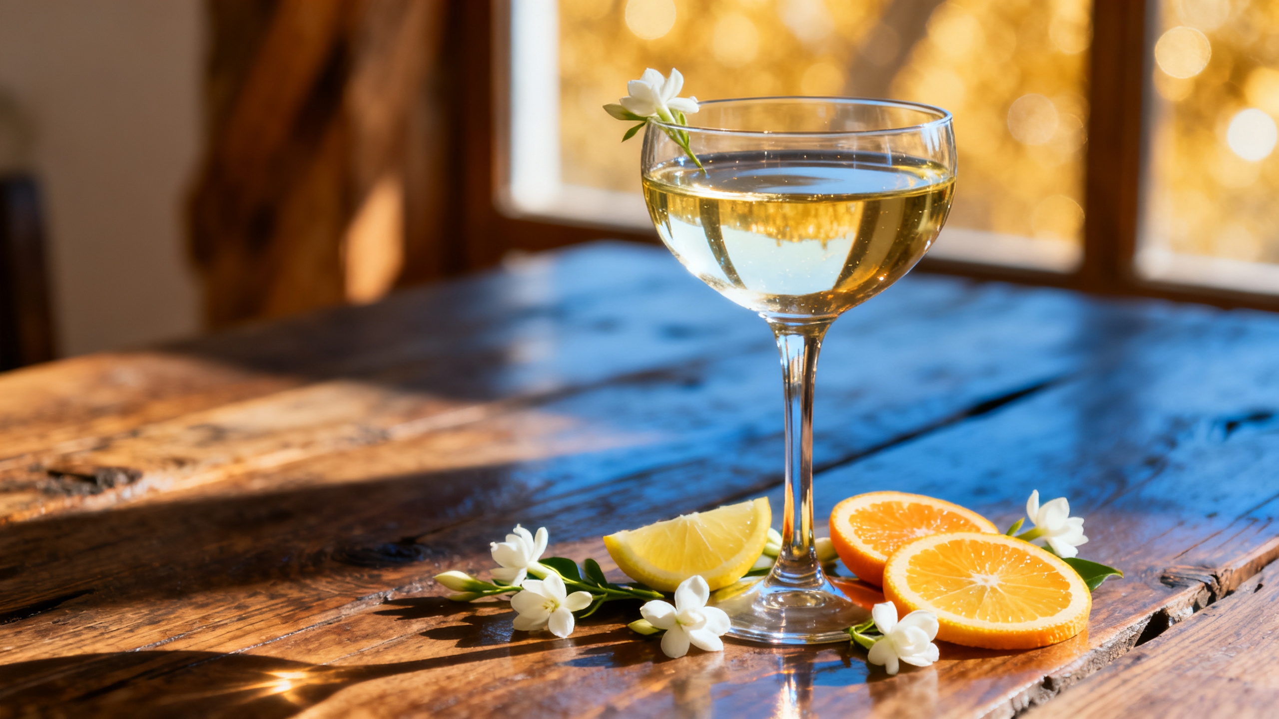 Verre de vin blanc Macabeo Viura sur table espagnole avec citron et fleurs blanches