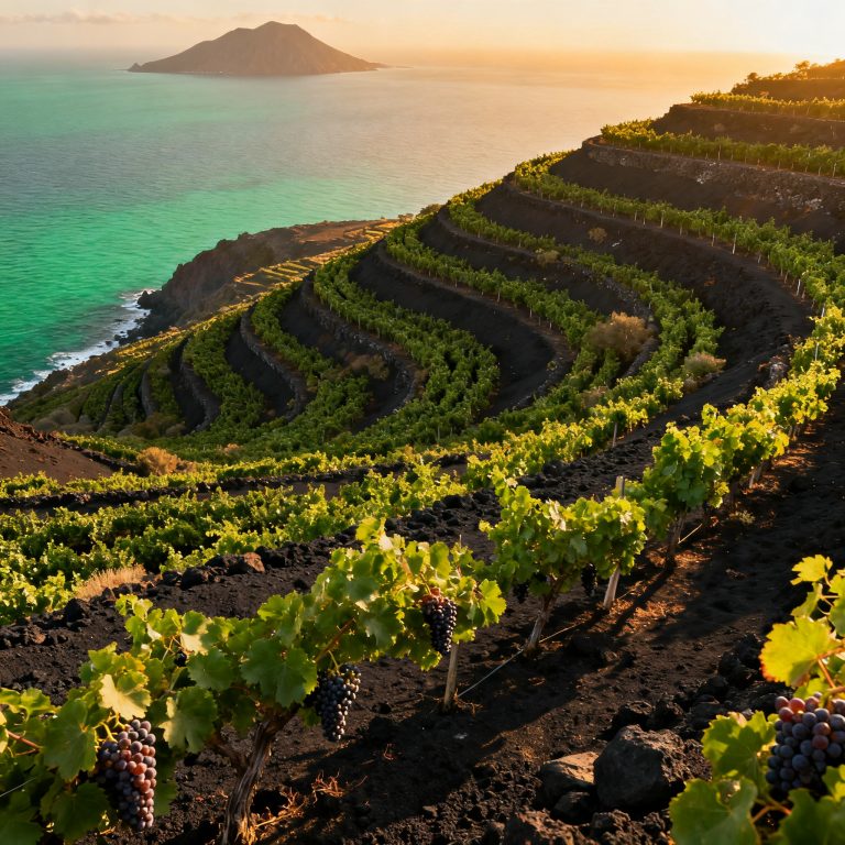 Vignobles en terrasses sur les Îles Éoliennes avec vue sur la mer Tyrrhénienne