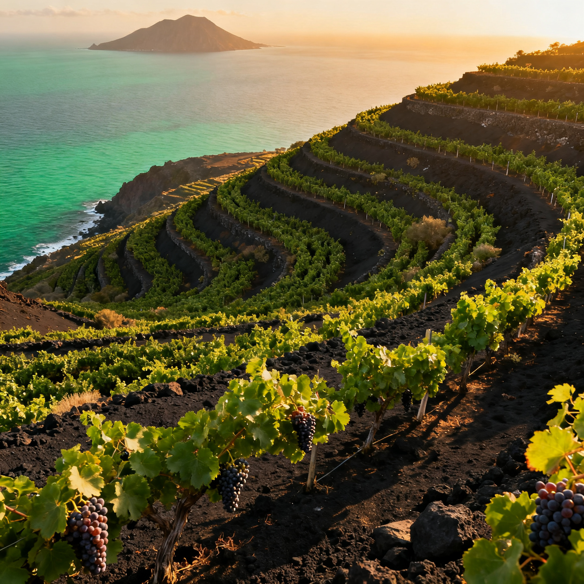Vignobles en terrasses sur les Îles Éoliennes avec vue sur la mer Tyrrhénienne