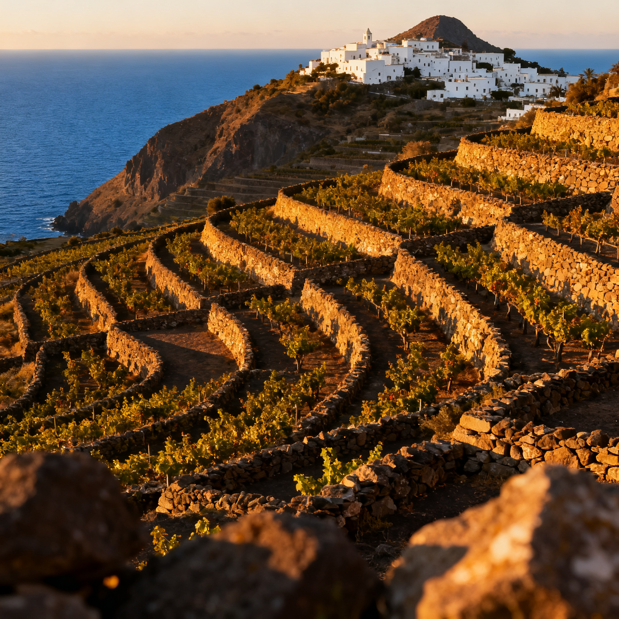 Vignobles en terrasses sur l'île de Salina, archipel éolien, avec la mer Tyrrhénienne en fond