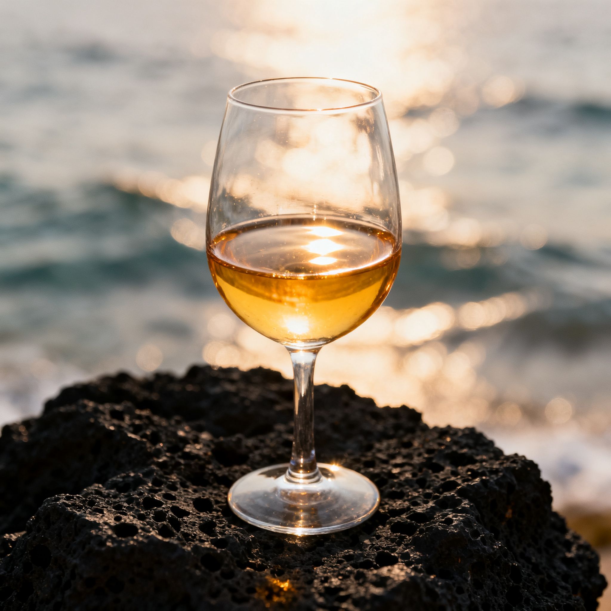 Verre de Malvasia delle Lipari doré sur fond de paysage volcanique des Îles Éoliennes