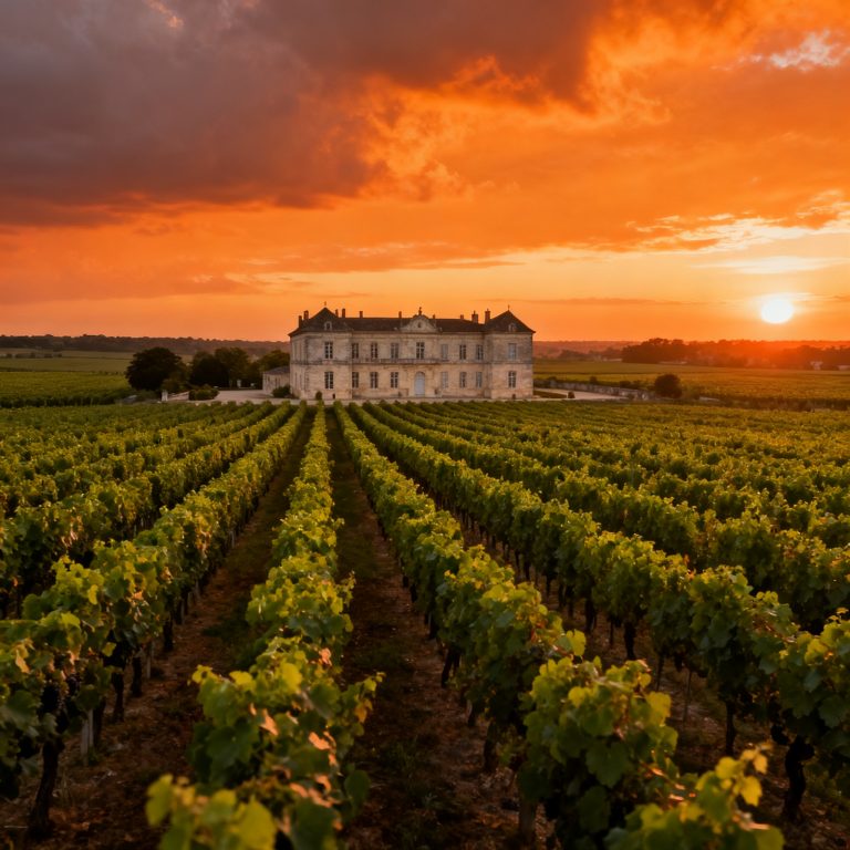 Mouton Rothschild 2025 : 98 % de Cabernet Sauvignon et des notes de légende — prix, décryptage, faut-il acheter ? Vignoble de Pauillac au coucher du soleil — Mouton Rothschild 2025 primeurs