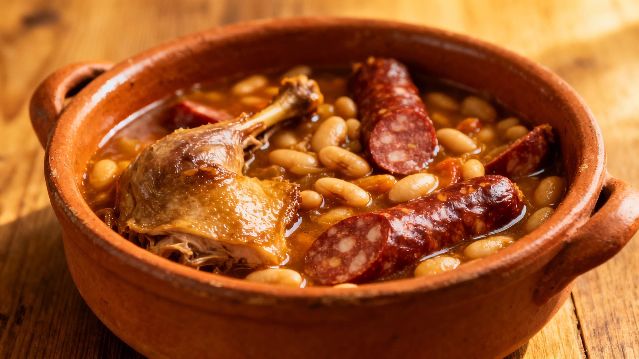Cassoulet toulousain traditionnel servi avec un verre de Fronton rouge à base de Negrette