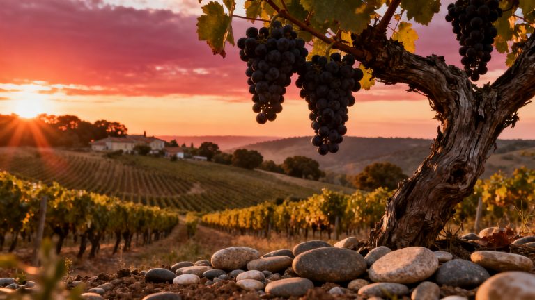 Guide Negrette — Le cépage floral de Fronton Vignoble de Fronton Haute-Garonne, vieilles vignes de Negrette sur galets roulés au coucher du soleil