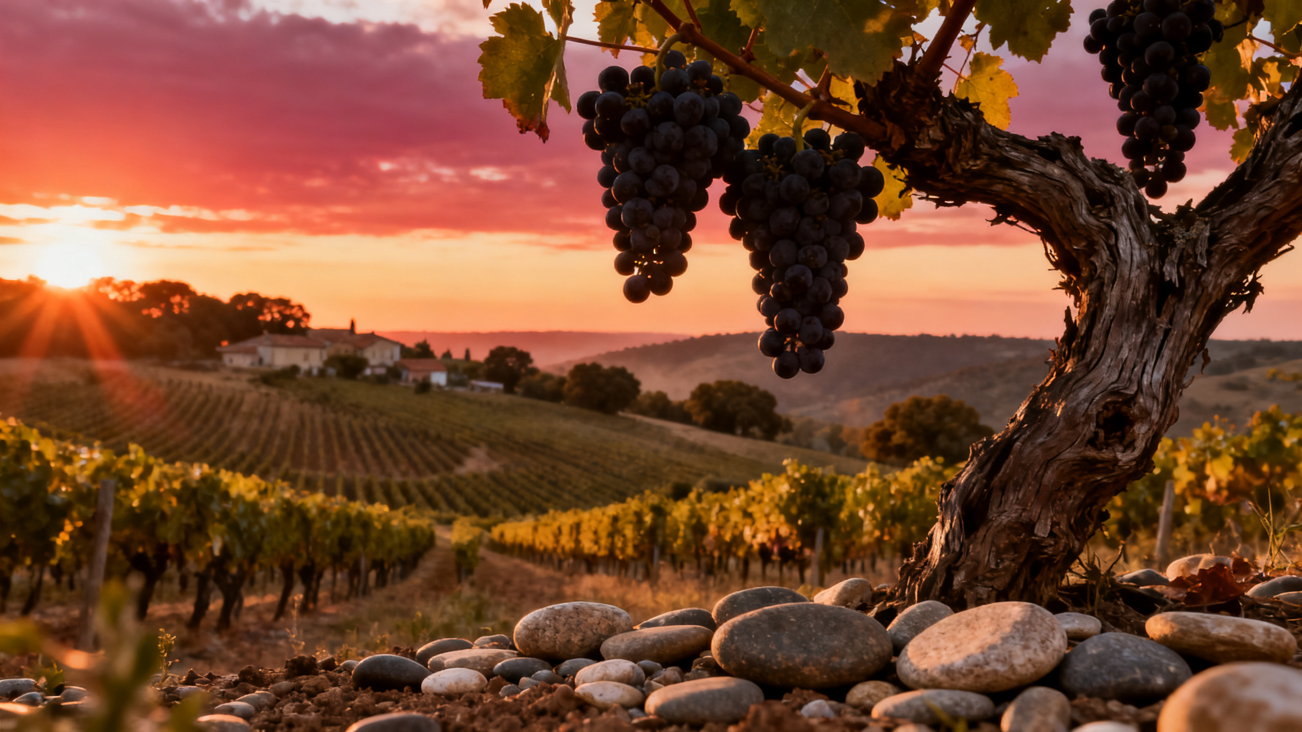 Vignoble de Fronton Haute-Garonne, vieilles vignes de Negrette sur galets roulés au coucher du soleil