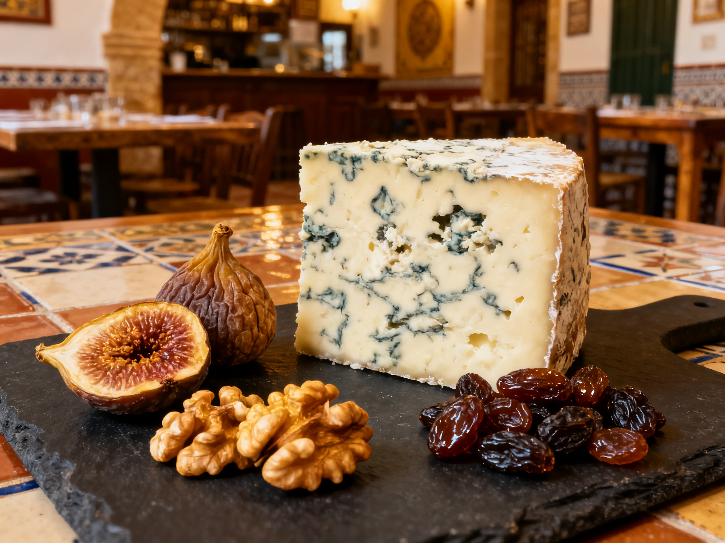 Roquefort ou fromage bleu avec raisins secs et noix, accord parfait Pedro Ximénez