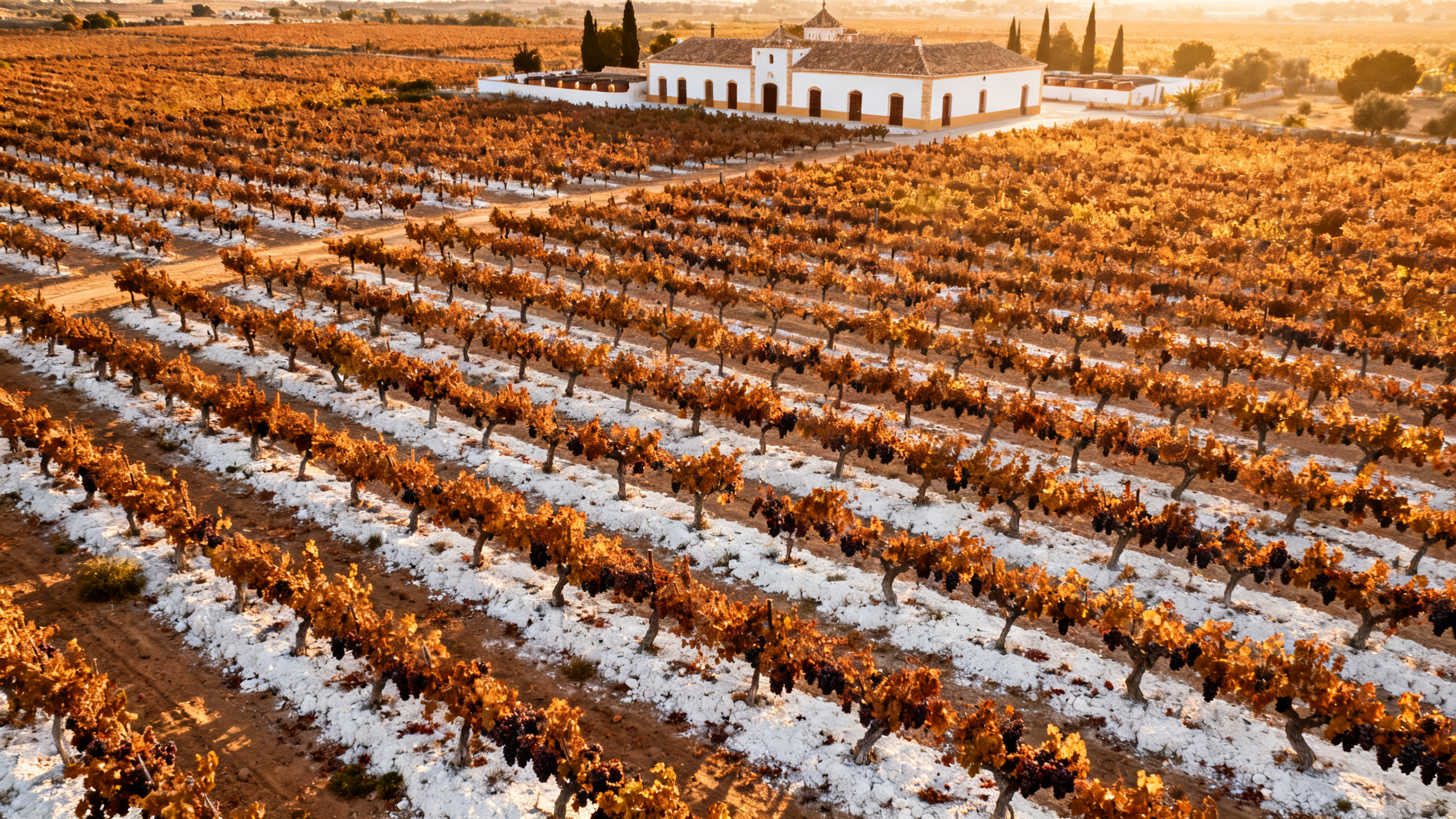 Vignoble de Pedro Ximénez à Montilla-Moriles, vue aérienne des rangs sur sol albero blanc, Cordoue Andalousie